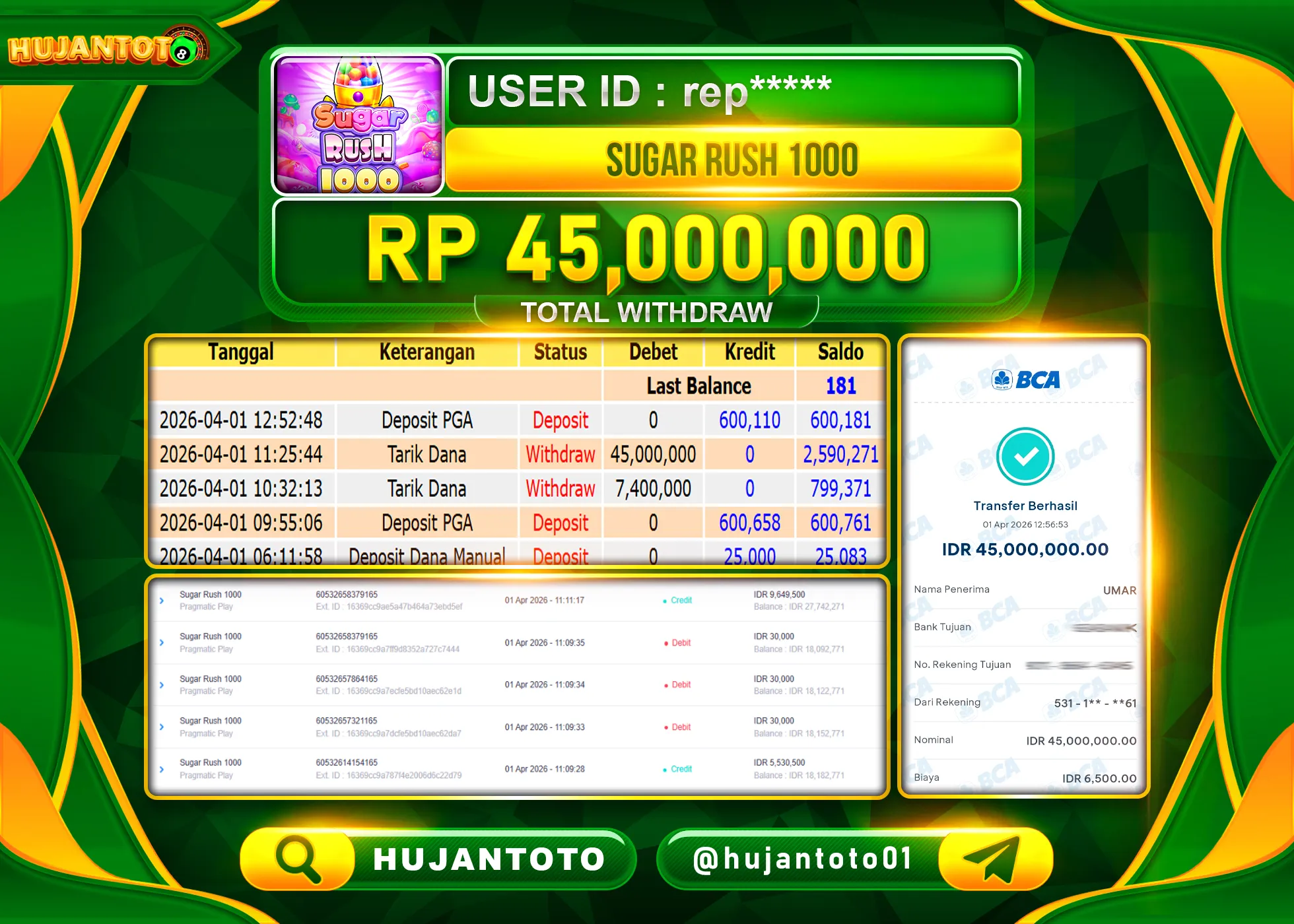 HUJANTOTO - BUKTI JACKPOT MENANG SLOT SUGAR RUSH 1000 Rp.45,000,000 - TERBAYAR LUNAS