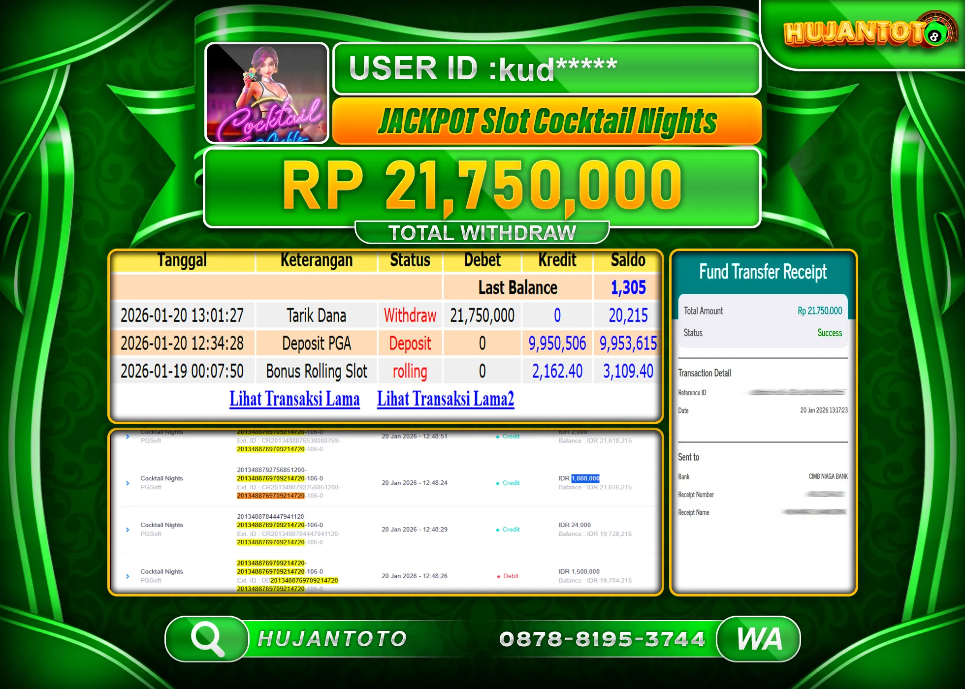 HUJANTOTO - BUKTI JACKPOT MENANG SLOT COCKTAIL NIGHTS Rp.21,750,000 - TERBAYAR LUNAS