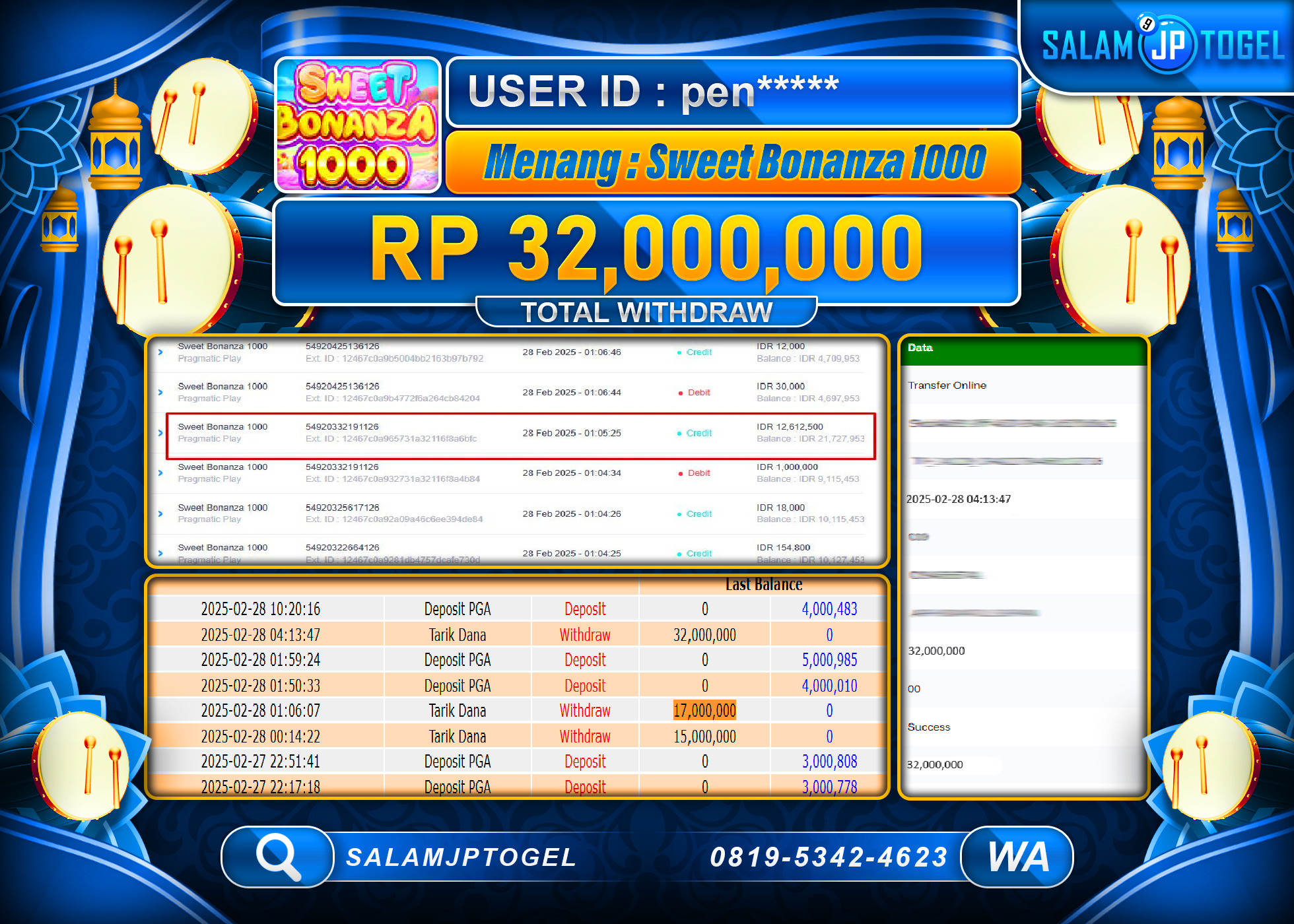 SALAMJPTOGEL MENANG SWEET BONANZA 1000 Rp. 32,000,000  LUNAS