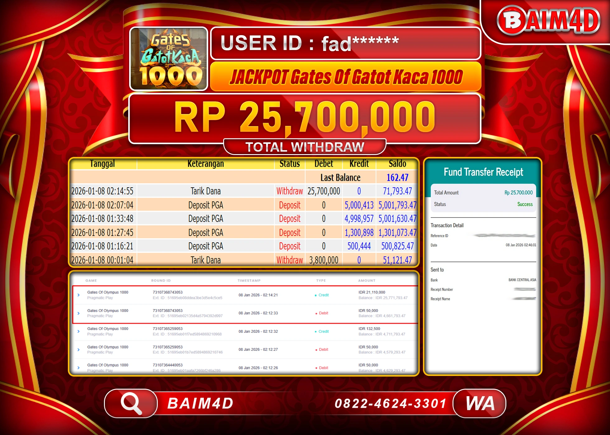 BAIM4D JACKPOT  SLOT GATES OF GATOT KACA 1000 Rp.25,700,000 - LUNAS