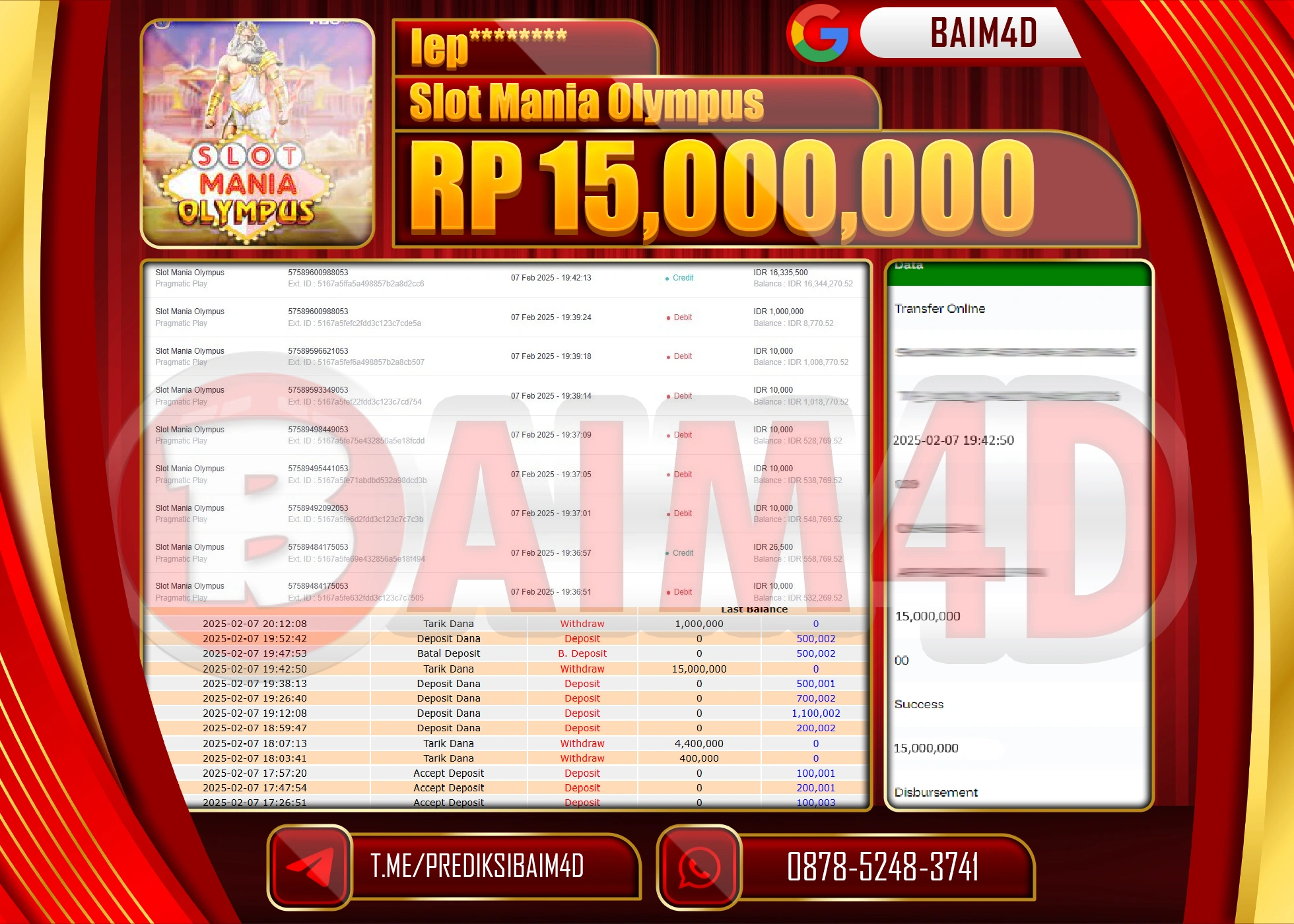 BAIM4D JACKPOT MENANG SLOT MANIA OLYMPUS Rp.15.000,000.- LUNAS