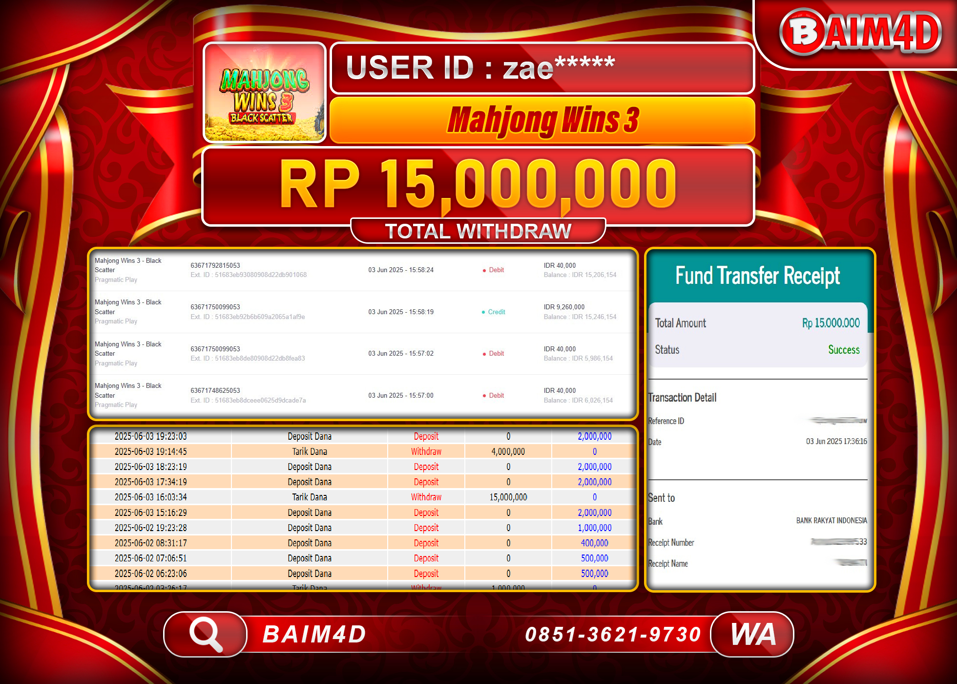 BAIM4D JACKPOT  Mahjong Wins 3(Pragmatic) Rp.15,000,000.-LUNAS
