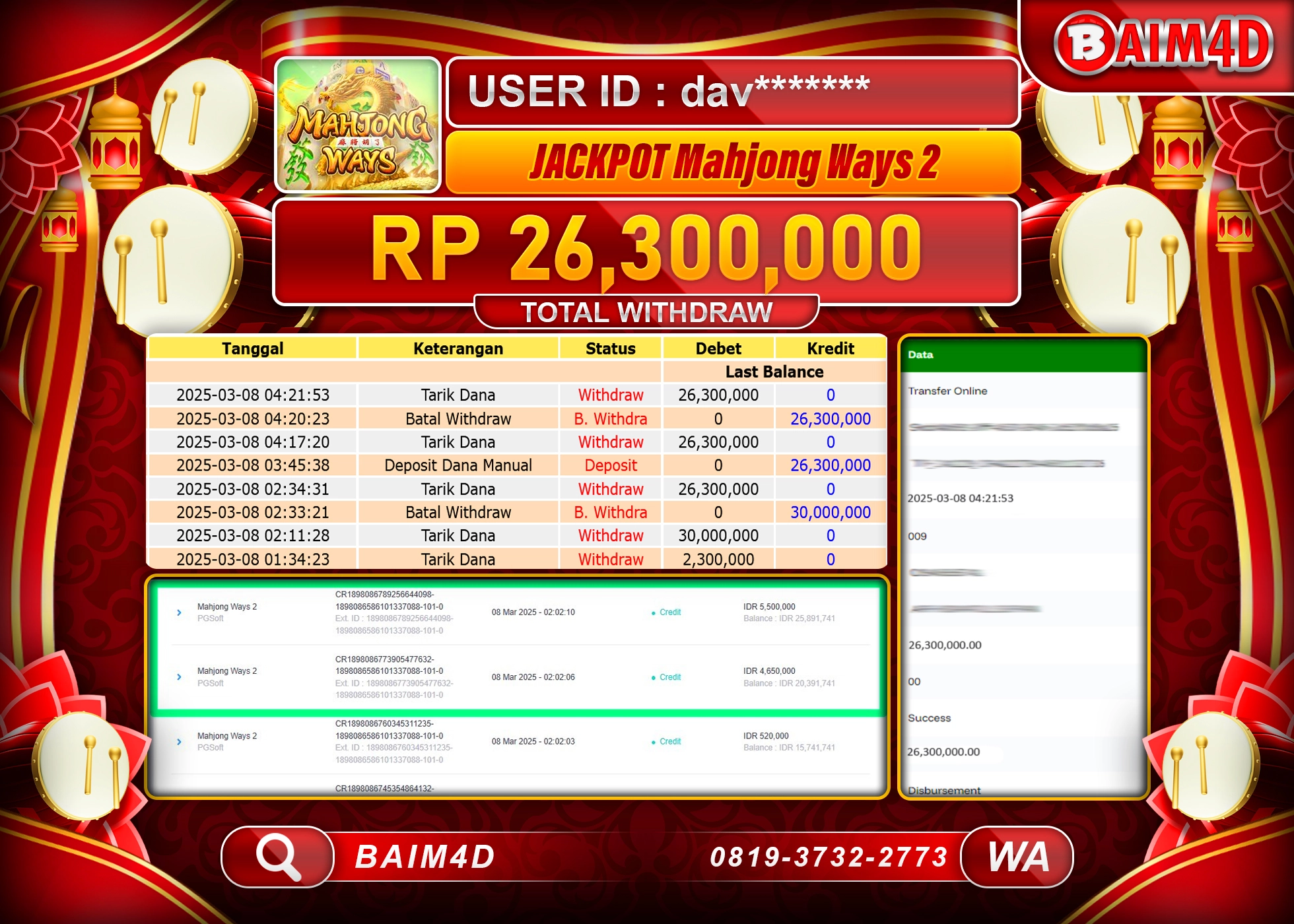 BAIM4D JACKPOT PG SOFT MAHJONG WAYS 2  Rp.26.300,000.- LUNAS