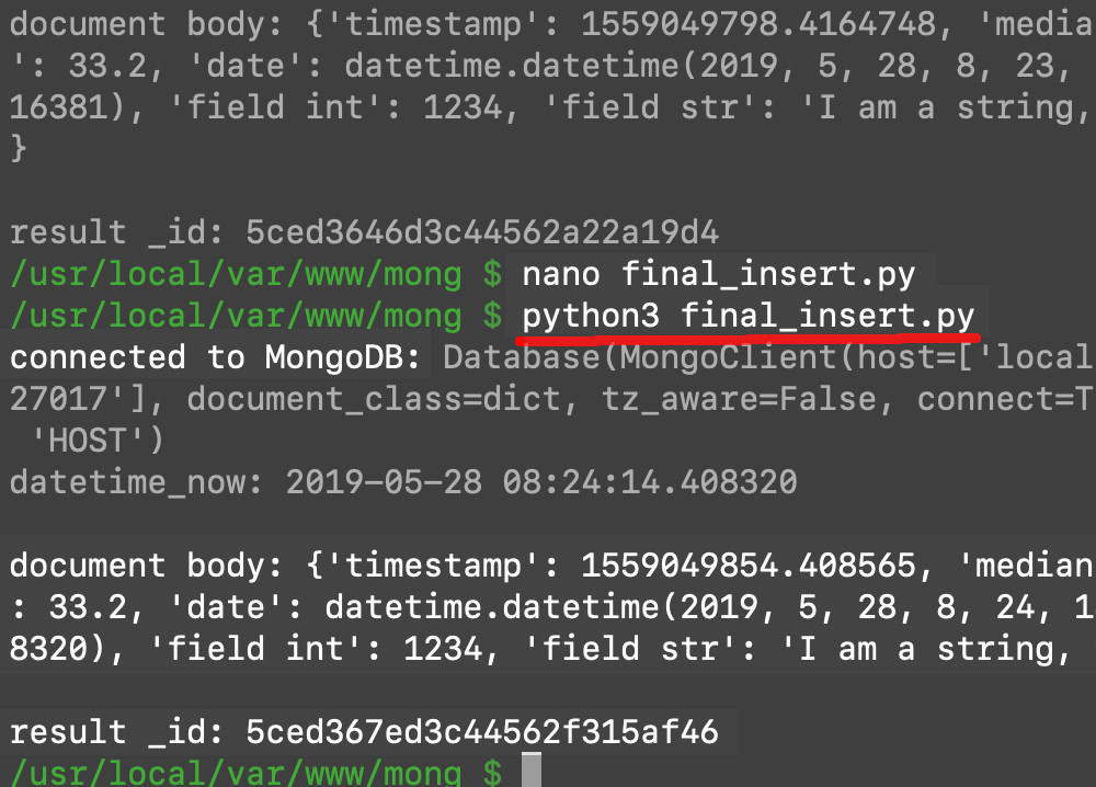 Screenshot of a terminal running the Python script to insert a document into a MongoDB collection