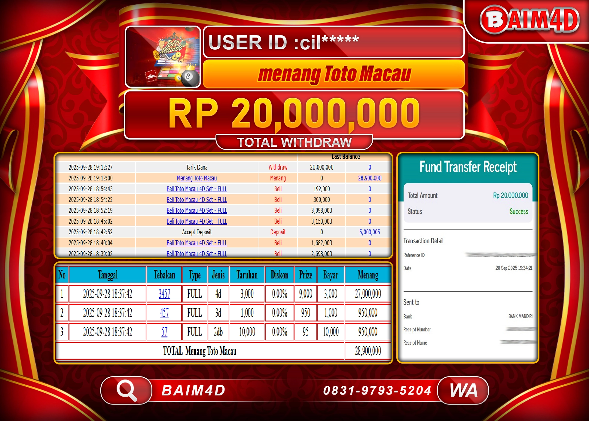 BAIM4D JACKPOT TOGEL TOTO MACAU 4D  Rp.20,000,000.- LUNAS