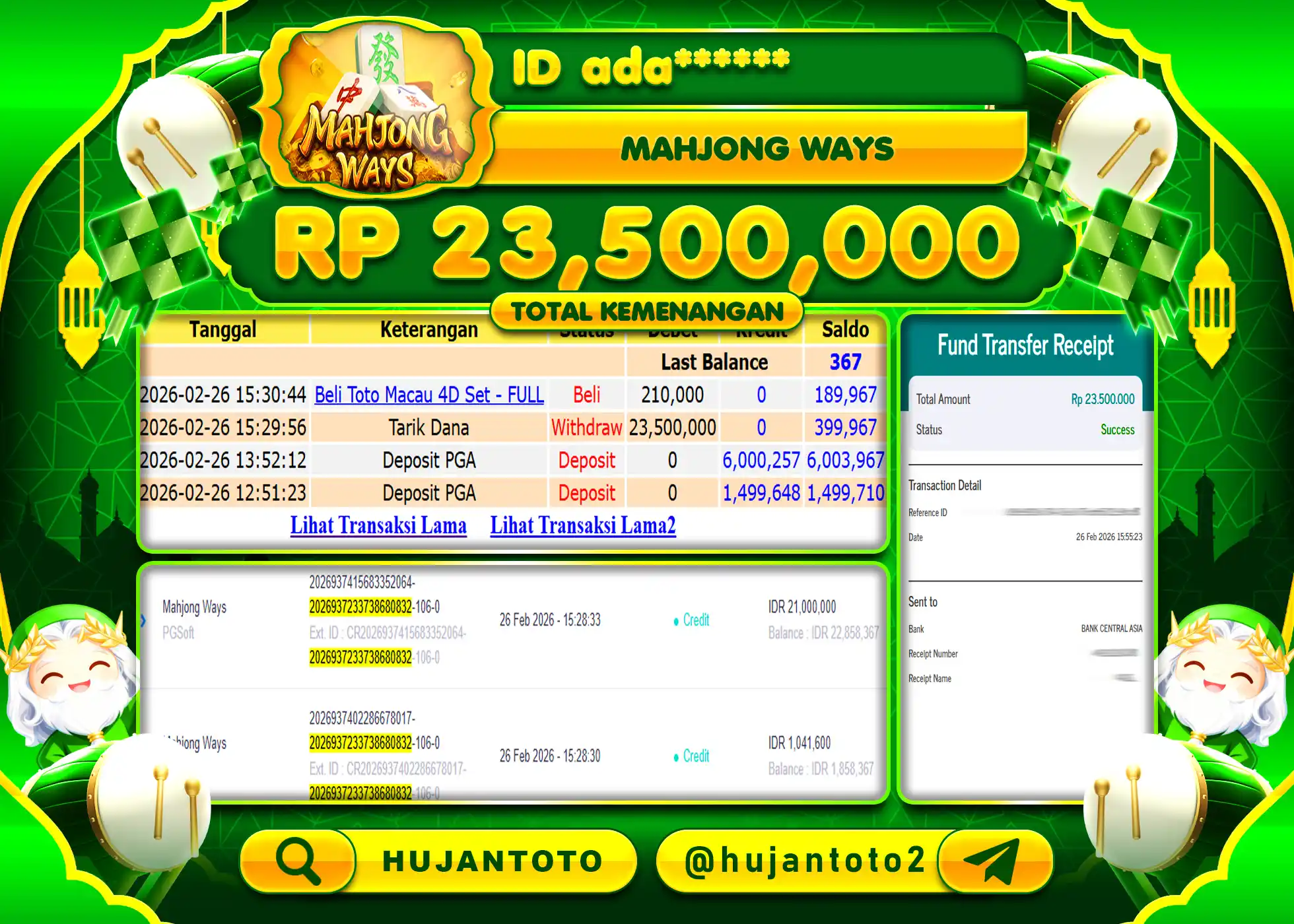 HUJANTOTO - BUKTI JACKPOT MENANG SLOT MAHJONG WAYS PGSOFT Rp.23,500,000 - TERBAYAR LUNAS