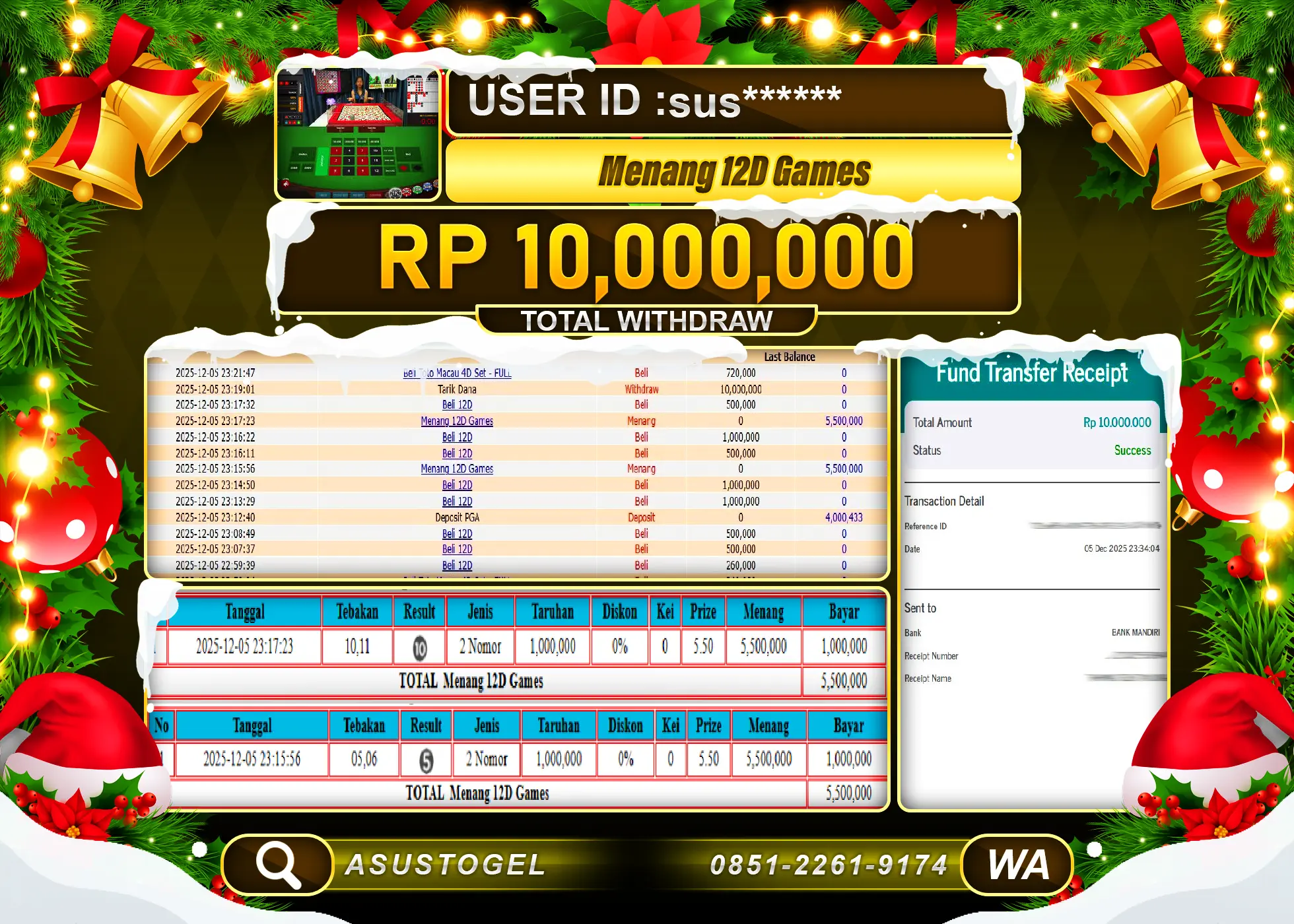 ASUSTOGEL KEMENANGAN DI LIVEGAME 12D GAMES SEBESAR 10,000,000 - RUPIAH LUNAS