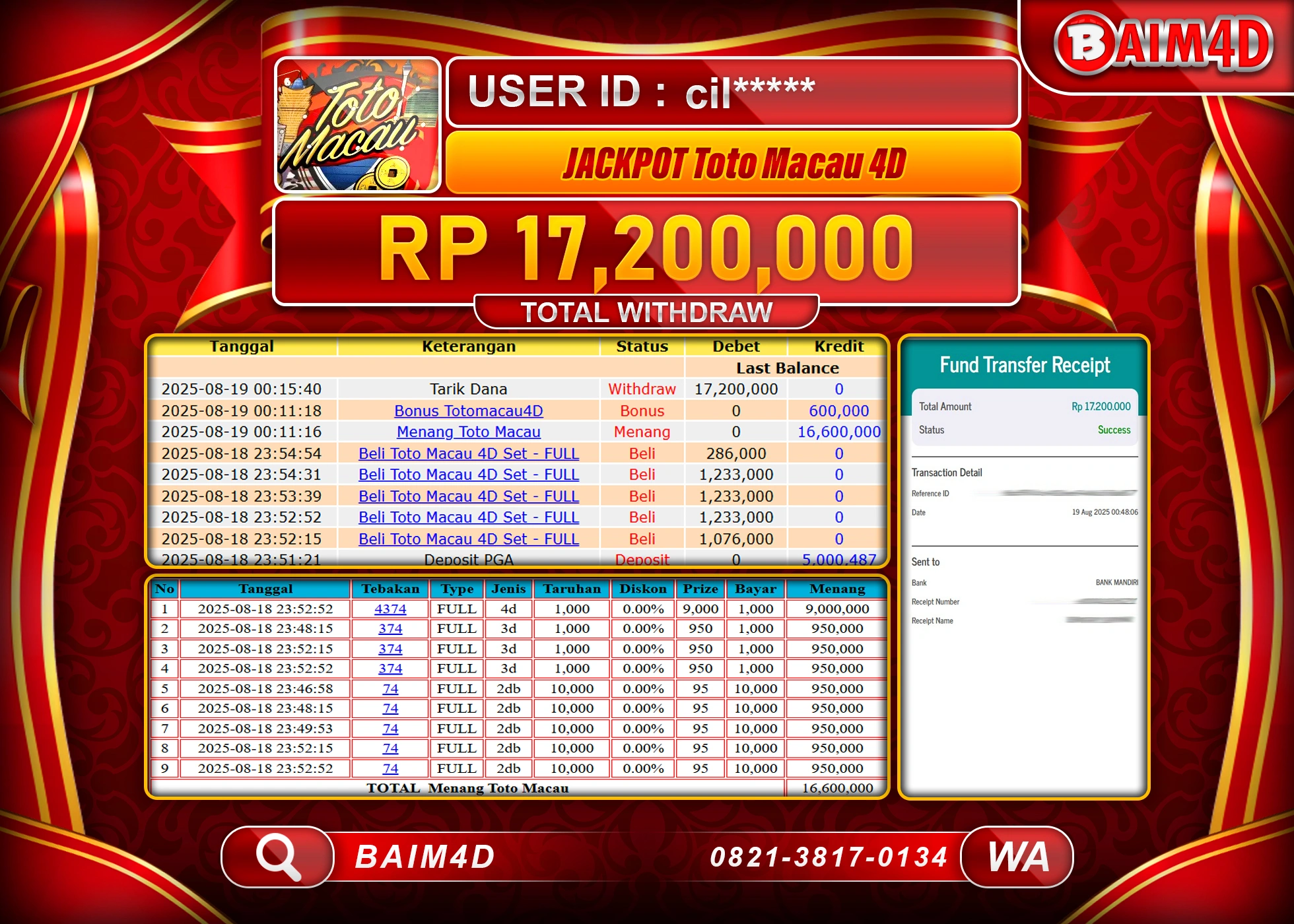 BAIM4D JACKPOT DI GAME TOTO MACAU 4D POOLS  Rp.17.200,000.- LUNAS