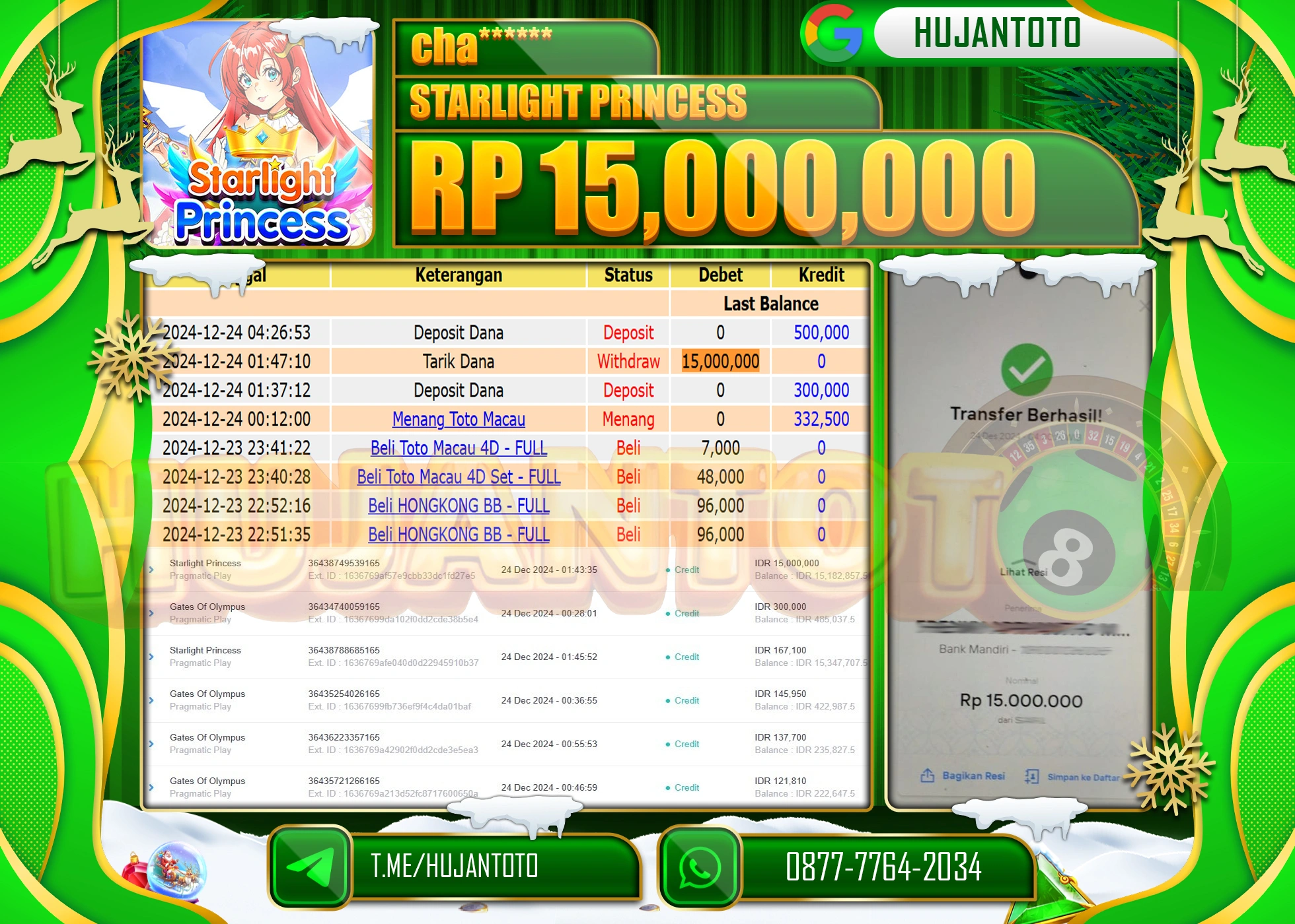 HUJANTOTO SELAMAT ATAS KEMENANGAN YANG DI RAIH DI PERMAINAN SLOT STARLIGHT PRINCESS SEBESAR - 15,000,000 - TERBAYAR LUNAS