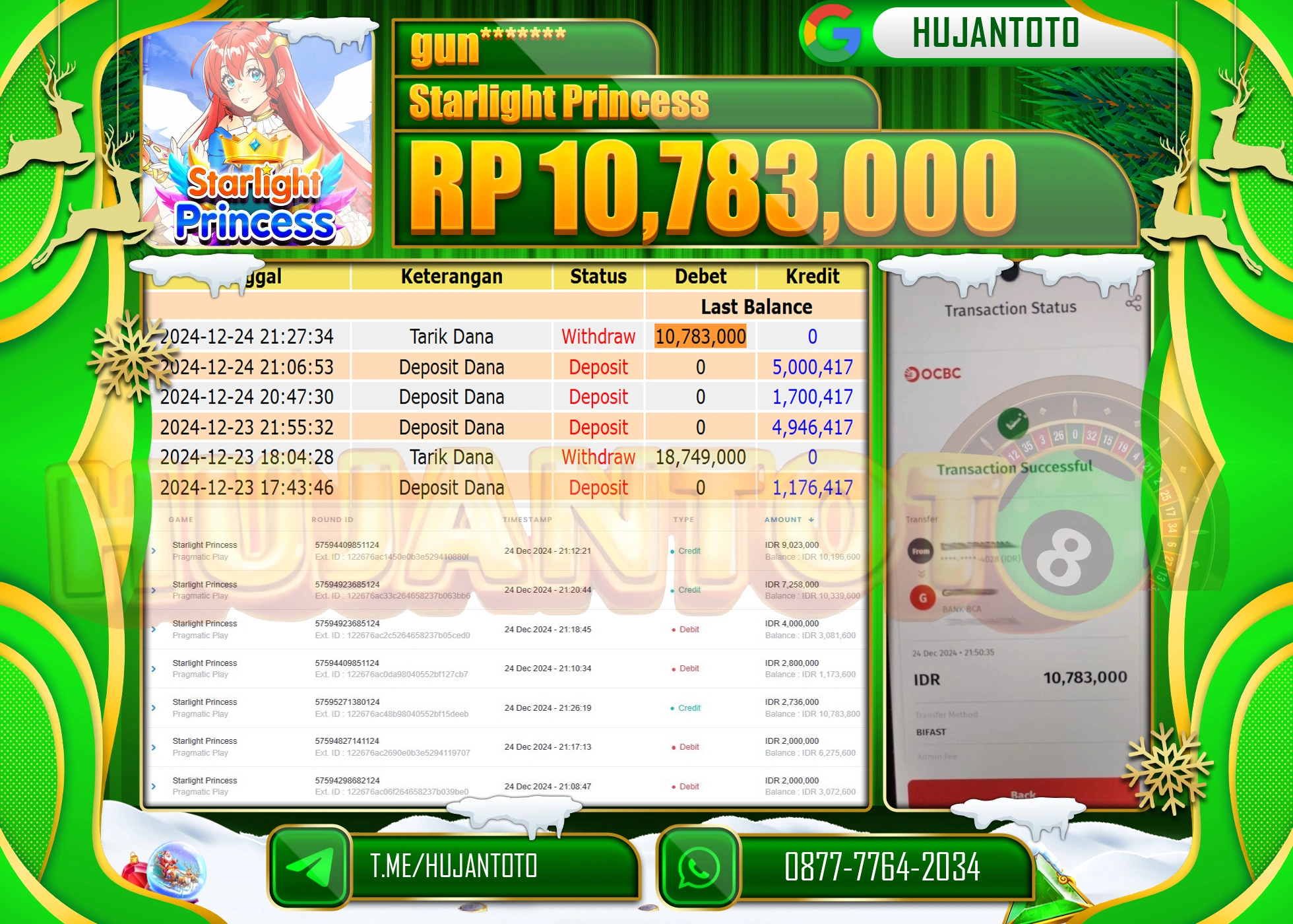 HUJANTOTO SELAMAT ATAS KEMENANGAN YANG DI RAIH DI PERMAINAN SLOT STARLIGHT PRINCESS - 10,783,000 - TERBAYAR LUNAS