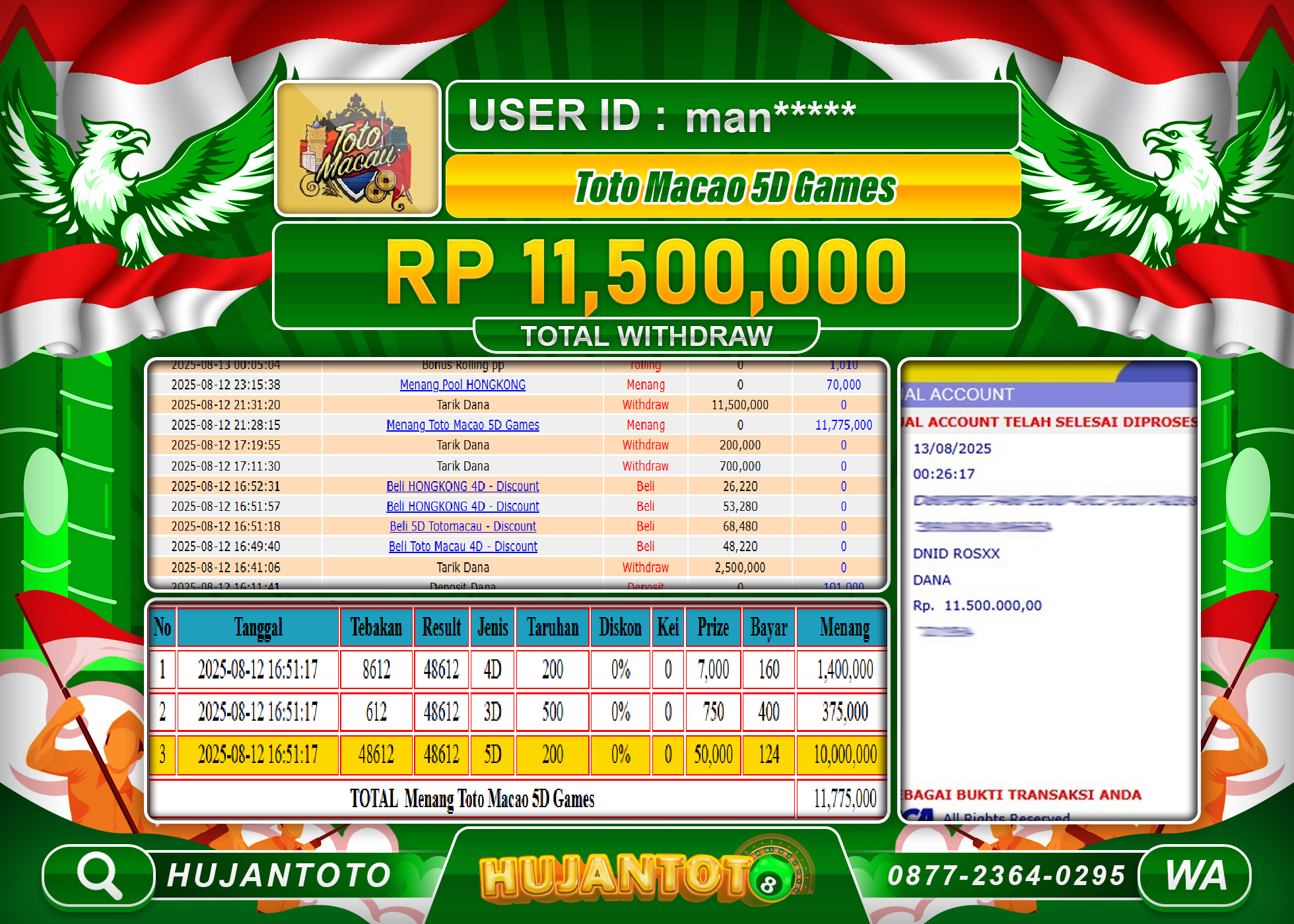 HUJANTOTO - BUKTI JACKPOT MENANG TOGEL TOTO MACAU 5D Rp.11,500,000 - TERBAYAR LUNAS