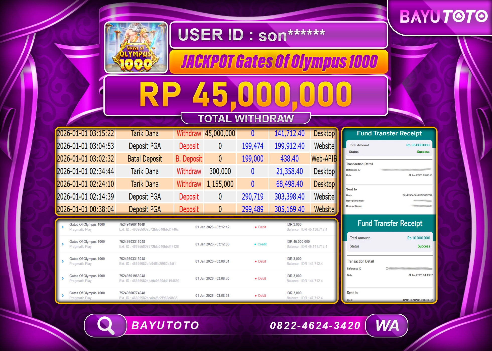 SELAMAT MEMBER SETIA BAYUTOTO JACKPOT DI SLOT GATE OF OLYMPUS 1000 Rp. 45,000,000 LUNAS
