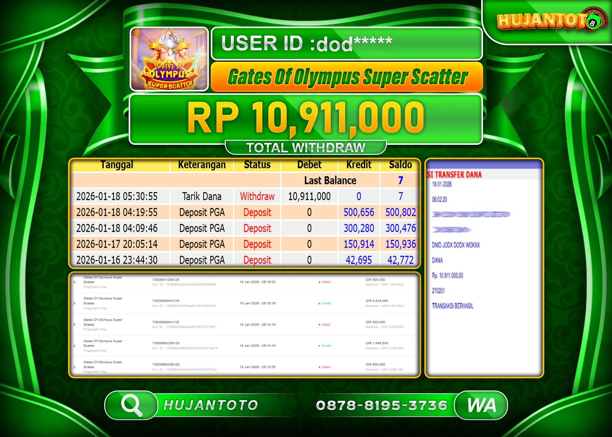 HUJANTOTO - BUKTI JACKPOT MENANG SLOT GATES OF OLYMPUS SUPER SCATTER Rp.10,911,000 - TERBAYAR LUNAS
