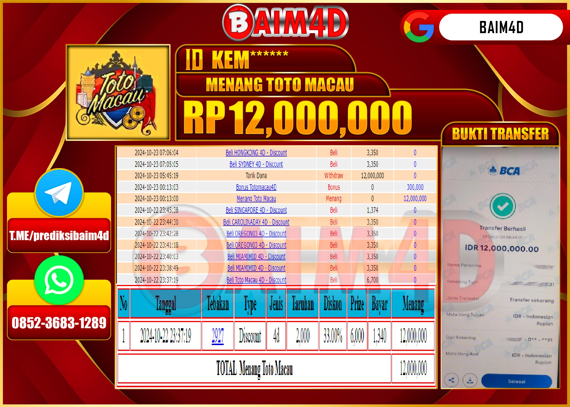 BAIM4D JACKPOT MENANG TOTO MACAU POOLS Rp.12.000,000.- LUNAS