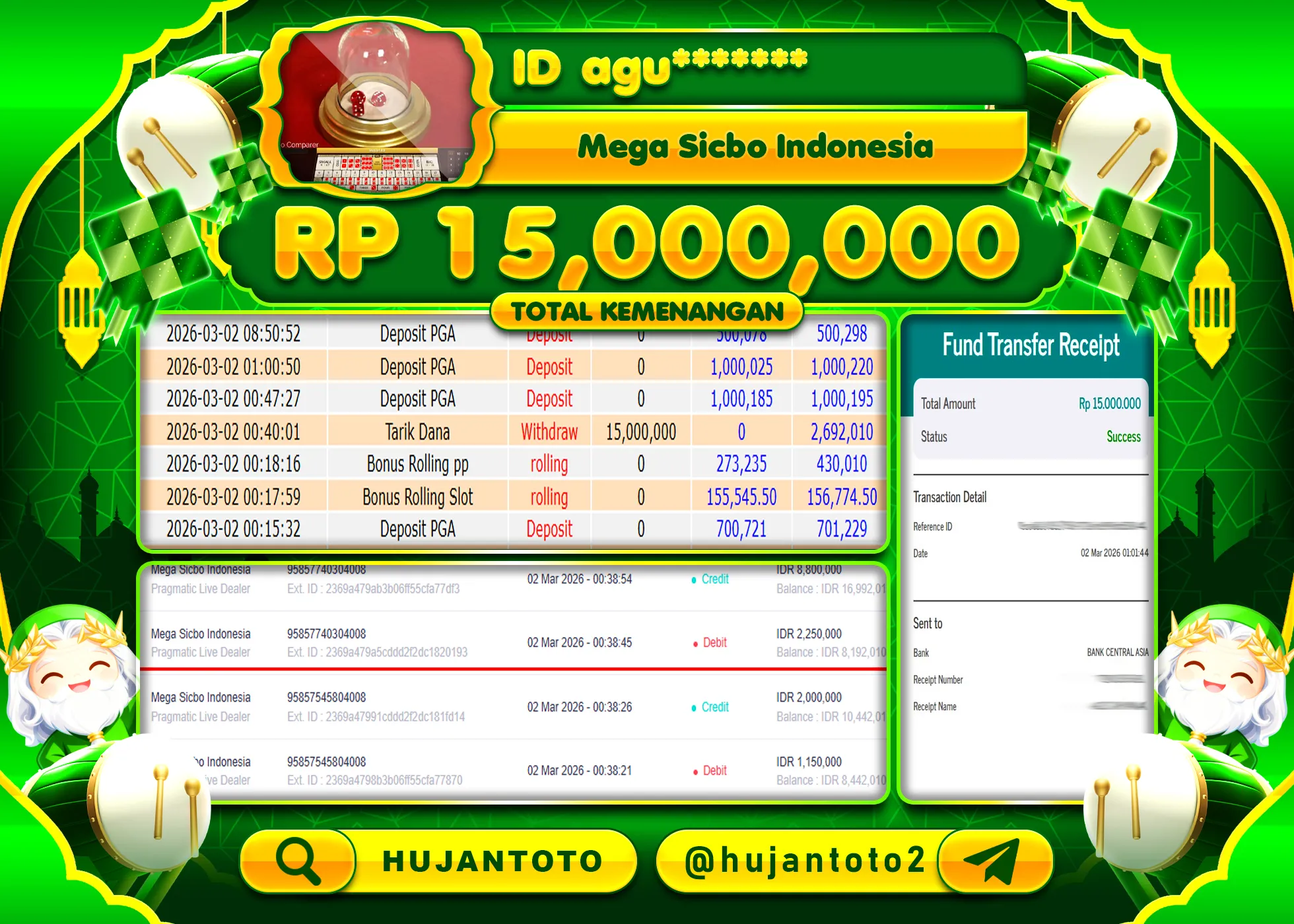 HUJANTOTO - BUKTI JACKPOT MENANG LIVE GAME MEGA SICBO INDONESIA Rp.15,000,000 - TERBAYAR LUNAS