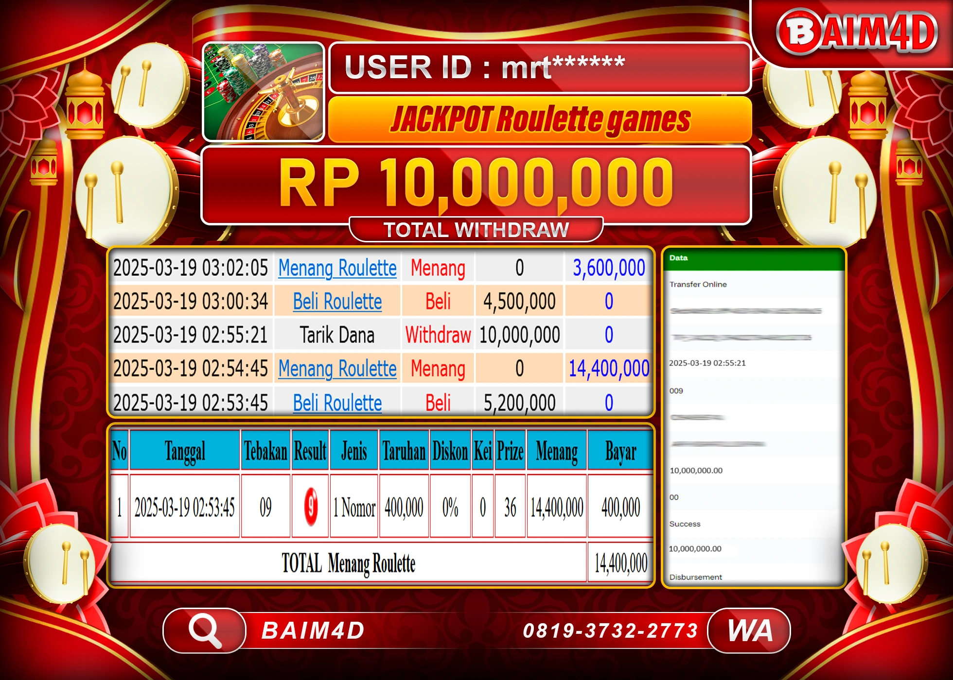 BAIM4D MENANG ROULETTE  LIVE GAMES Rp.10.000,000.- LUNAS