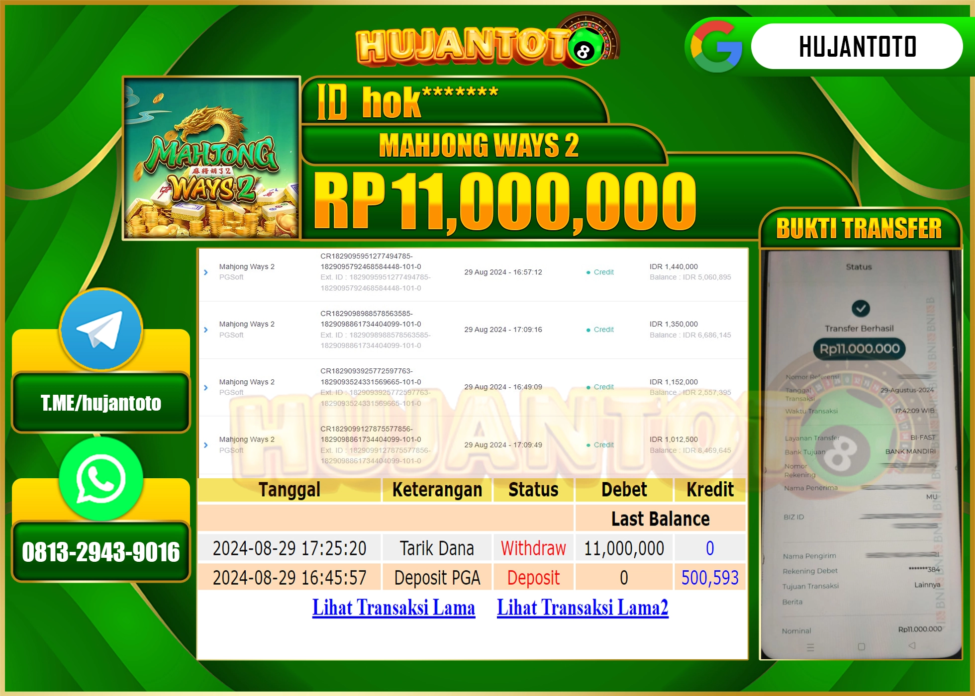 HUJANTOTO MENANG BESAR DI PERMAINAN SLOT MAHJONG WAYS 2   11.000.000 - LUNAS 