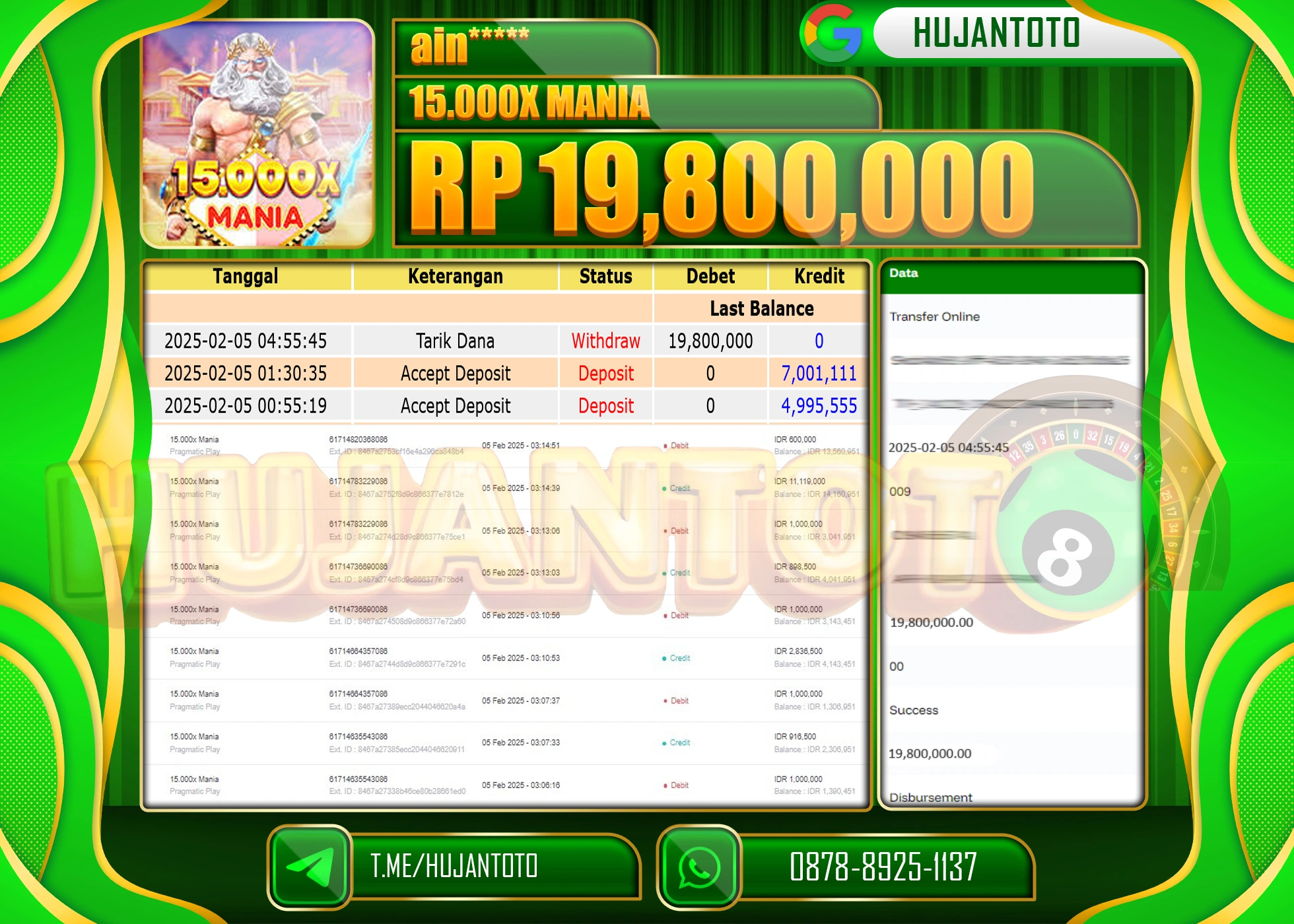HUJANTOTO - BUKTI JACKPOT MENANG SLOT 15.0000 X MANIA Rp,19,800,000 - TERBAYAR LUNAS