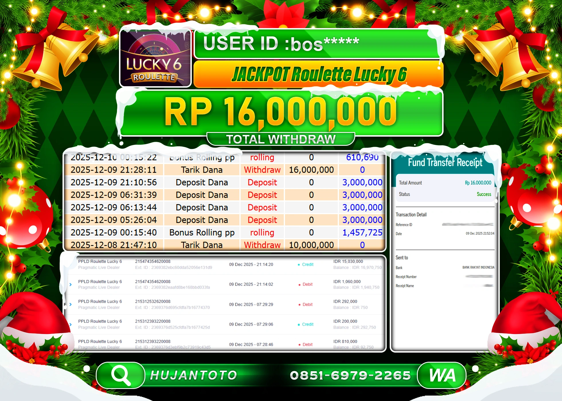HUJANTOTO - BUKTI JACKPOT MENANG SLOT ROULETTE LUCKY 6 PRAGMATIC Rp.16,000,000 - TERBAYAR LUNAS