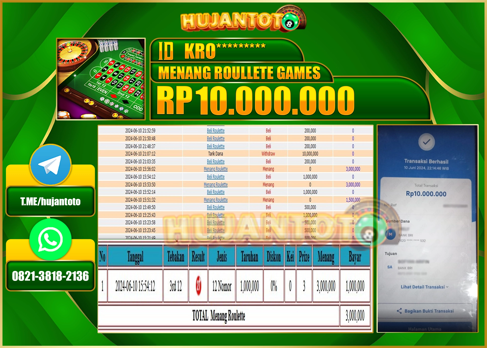 HUJANTOTO MENANG DI ROULLETE GAMES 10.000.000 - LUNAS 