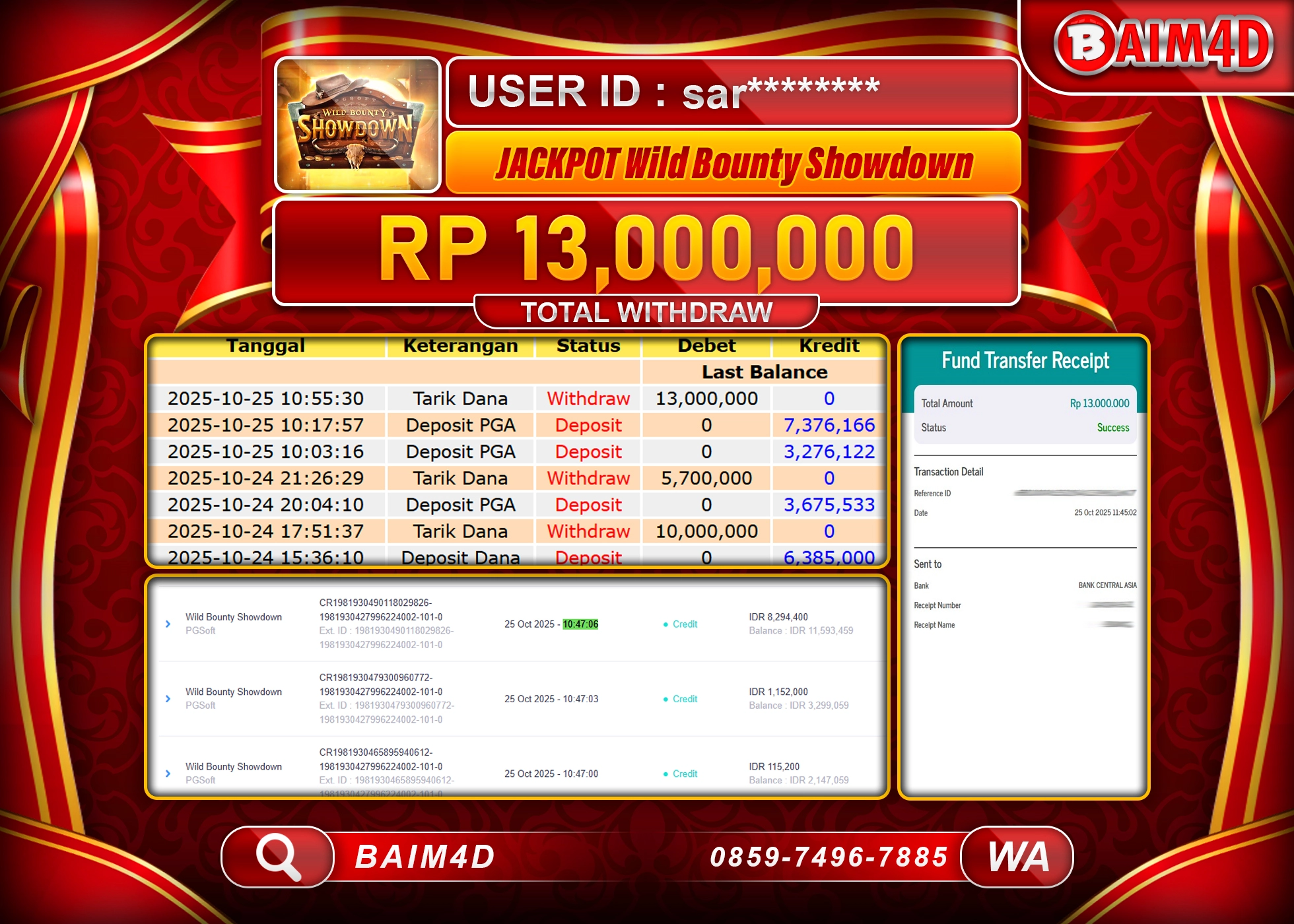 BAIM4D JACKPOT SLOT WILD BOUNTY SHOWDOWN Rp.13,000,000- LUNAS