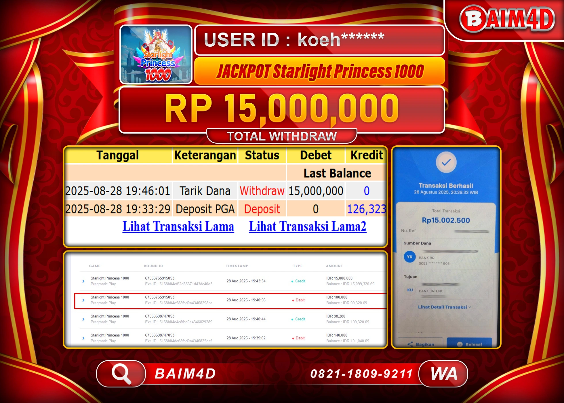 BAIM4D JACKTPOT SLOT STARLIGHT PRINCESS 1000 Rp.15,000,000.- LUNAS