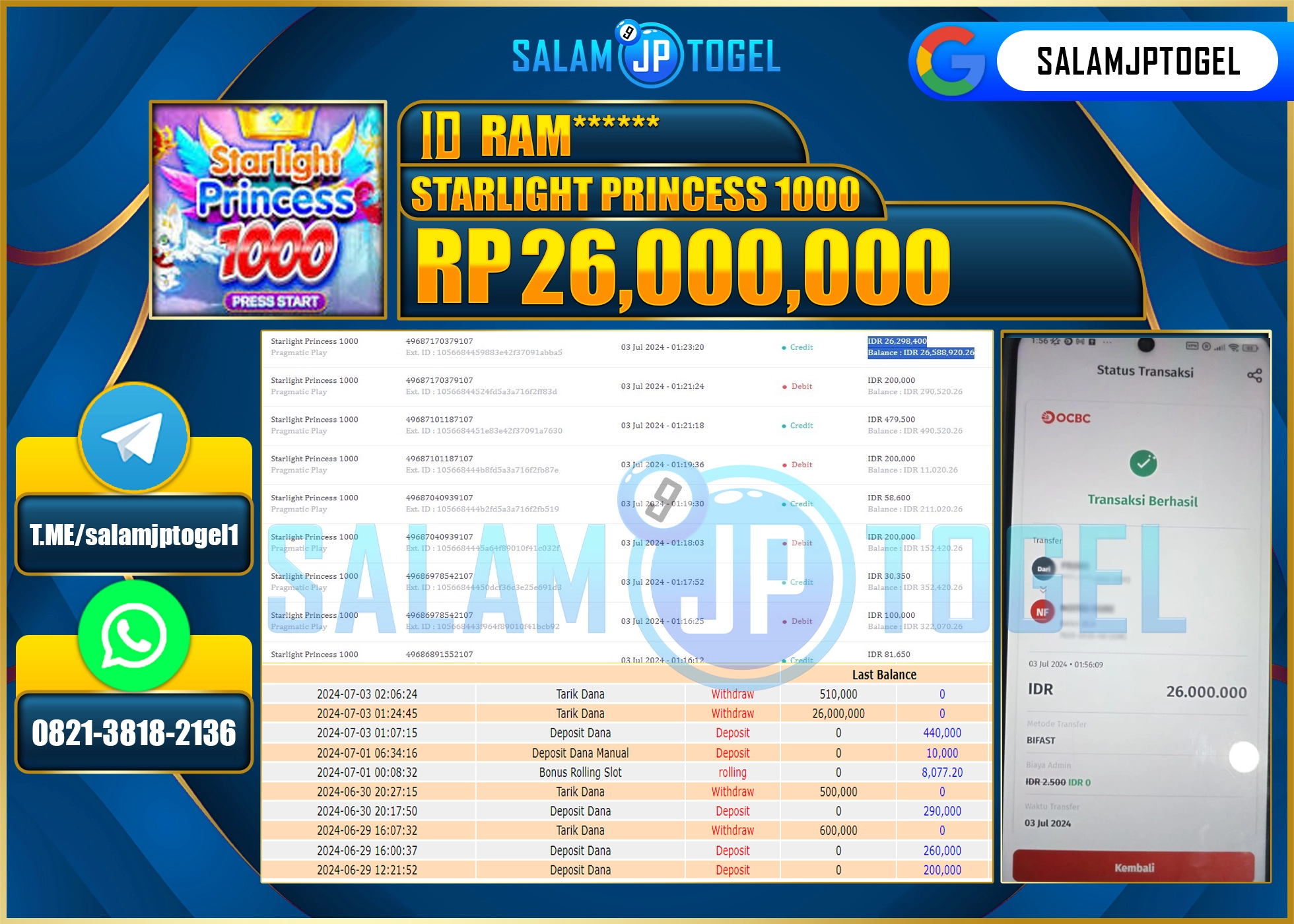 SALAMJPTOGEL MENANG Starlight Princess 1000 RP. 26,000,000.,LUNAS