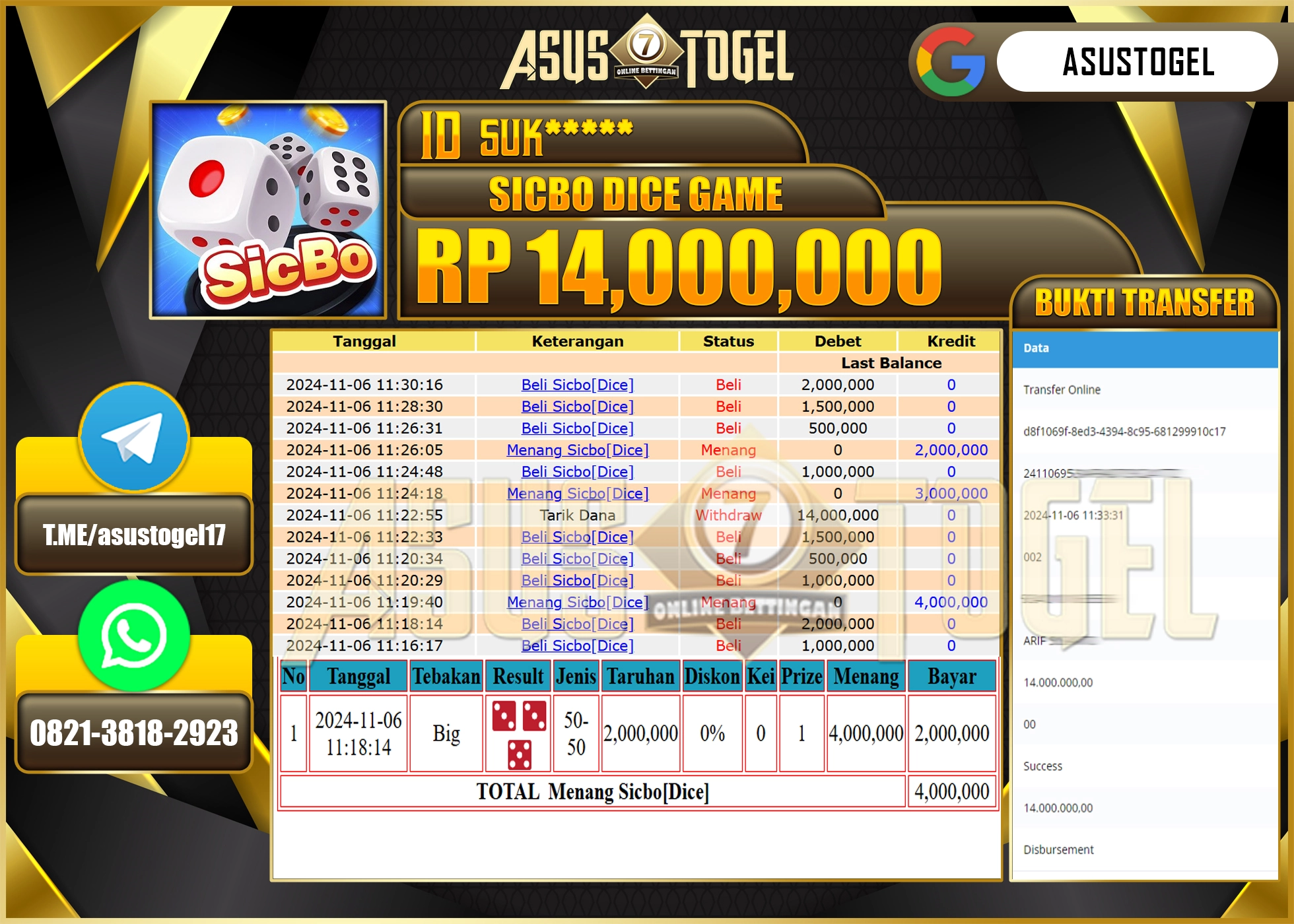 ASUSTOGEL KEMENANGAN DI GAMES SICBO DICE SEBESAR 14,000,000- RUPIAH LUNAS