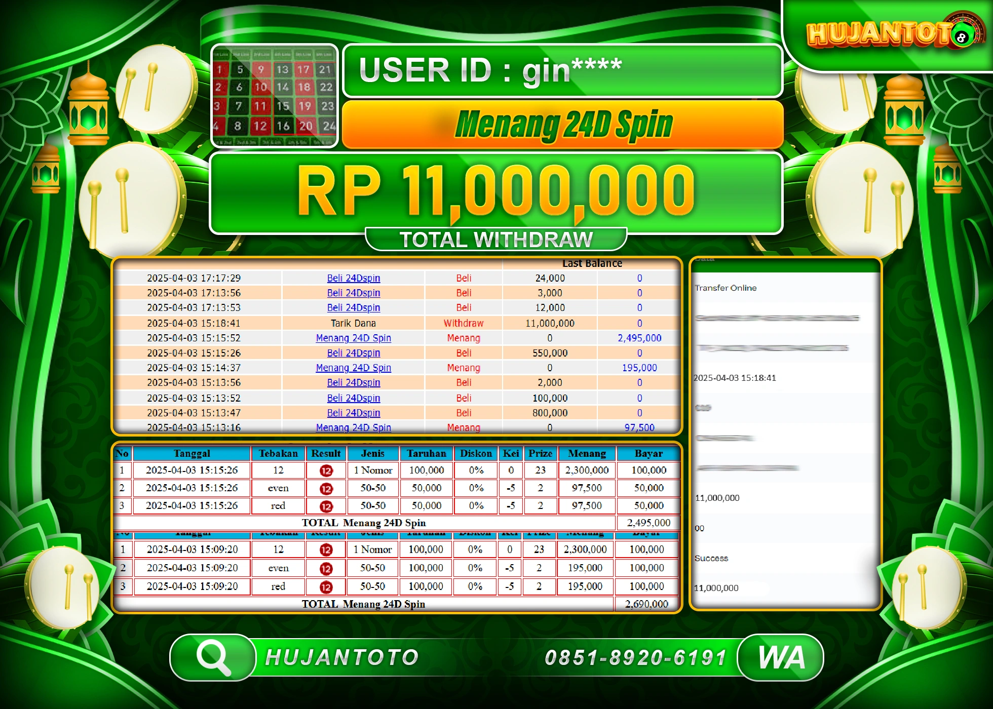 HUJANTOTO - BUKTI JACKPOT MENANG LIVEGAMES SLOT 24D SPIN Rp.11,000,000 - TERBAYAR LUNAS