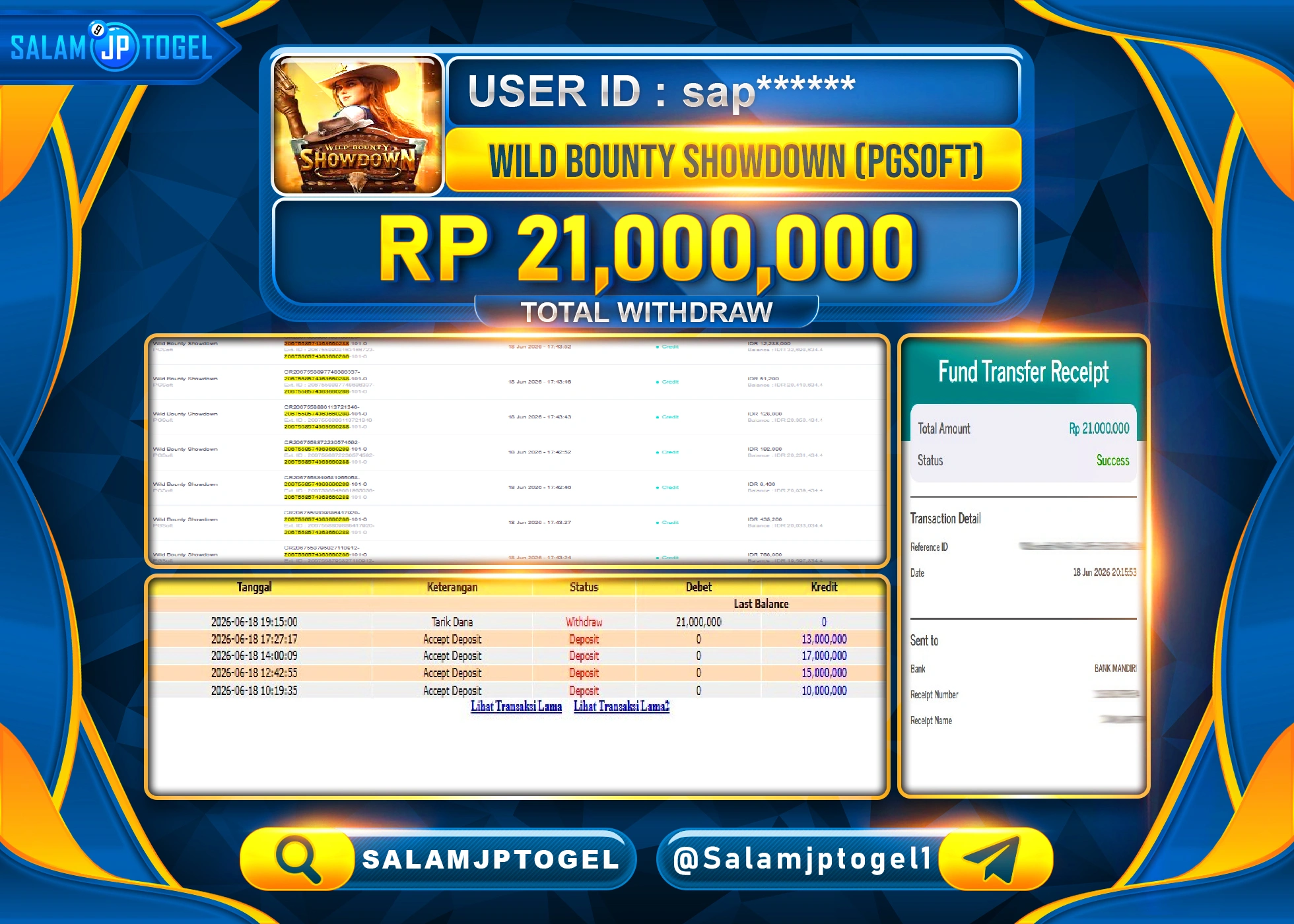 SALAMJPTOGEL JACKPOT MENANG SLOT WILD BOUNTYSHOWDOWN Rp.21,000,000 - LUNAS