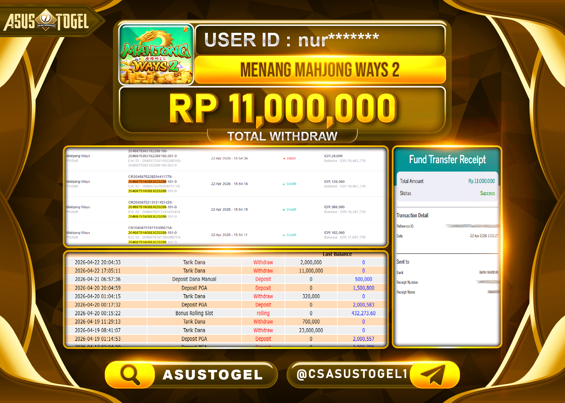 ASUSTOGEL KEMENANGAN JACKPOT DI PERMAINAN MAHJONG WAYS PG SOFT SEBESAR Rp.11,000,000 - RUPIAH LUNAS