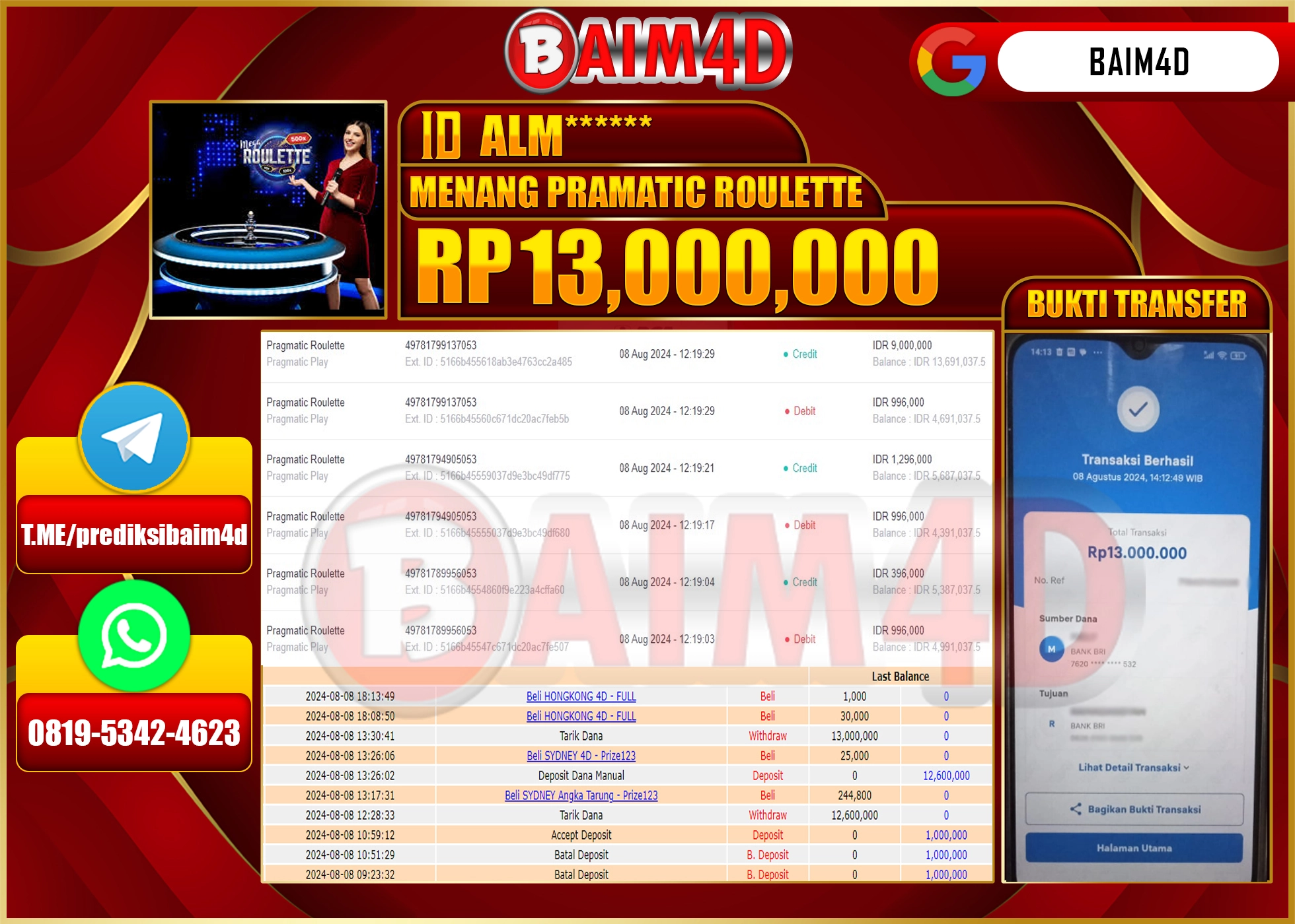 BAIM4D JACKPOT PRAMATIC ROULETTE Rp.13.000,000.- LUNAS