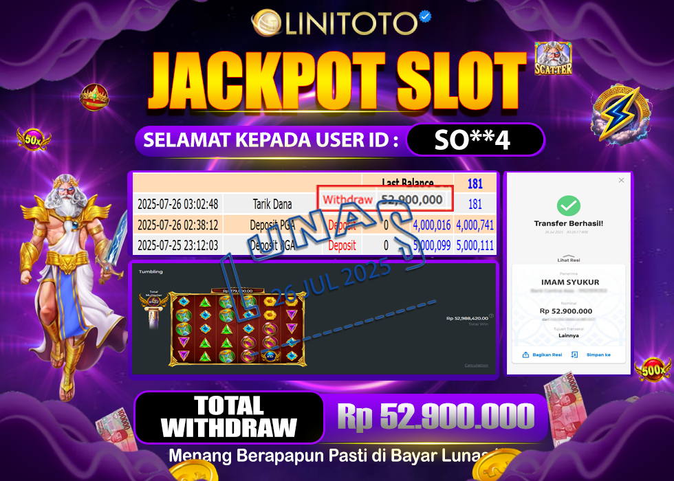 LINITOTO JACKPOT SLOT GATES OF OLYMPUS SUPER SCATTER Rp.52.900.000,- LUNAS