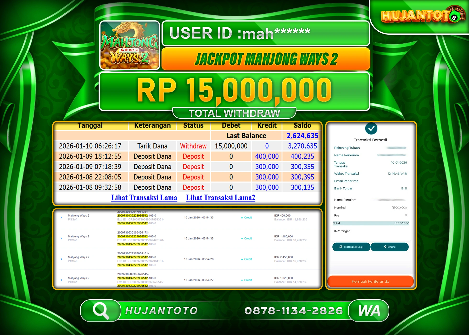 HUJANTOTO - BUKTI JACKPOT MENANG SLOT MAHJONG WAYS 2 Rp.15,000,000 - TERBAYAR LUNAS