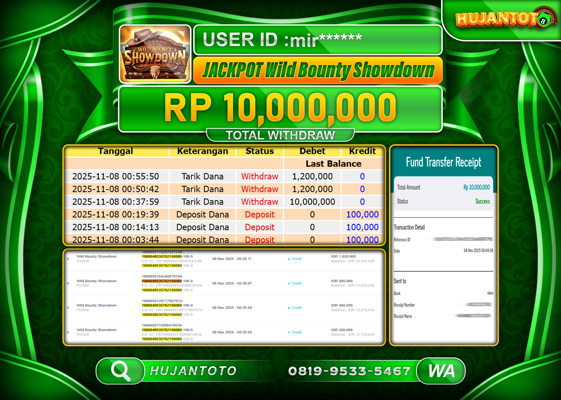 HUJANTOTO - BUKTI JACKPOT MENANG WILD BOUNTY SHOWDOWN Rp.10,000,000  - TERBAYAR LUNAS