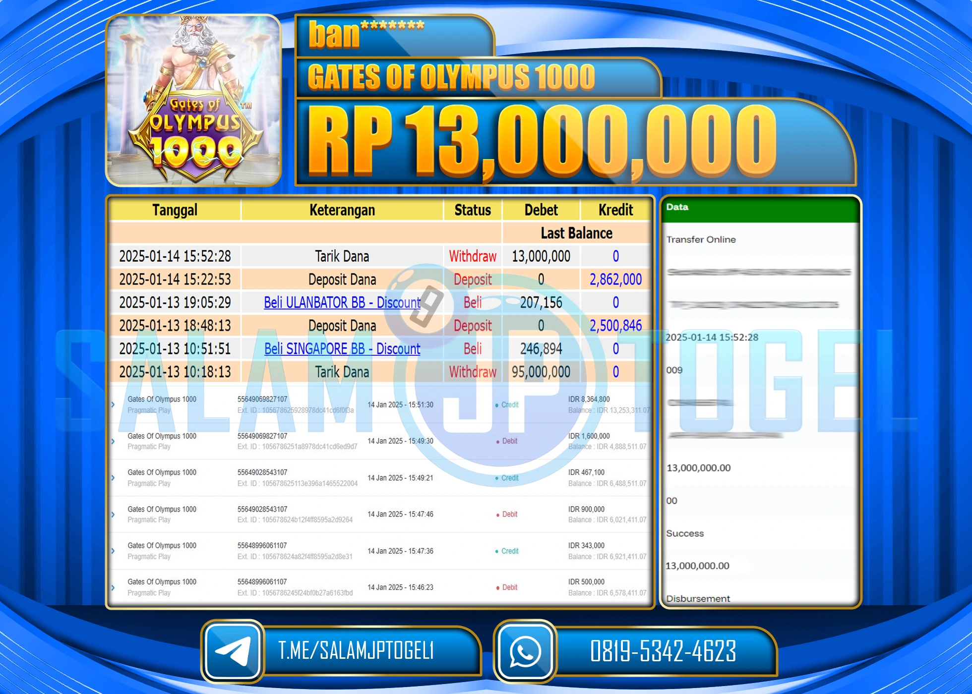 SALAMJPTOGEL MENANG SLOT GATES OF OLYMPUS 1000 Rp.13,000,000 LUNAS