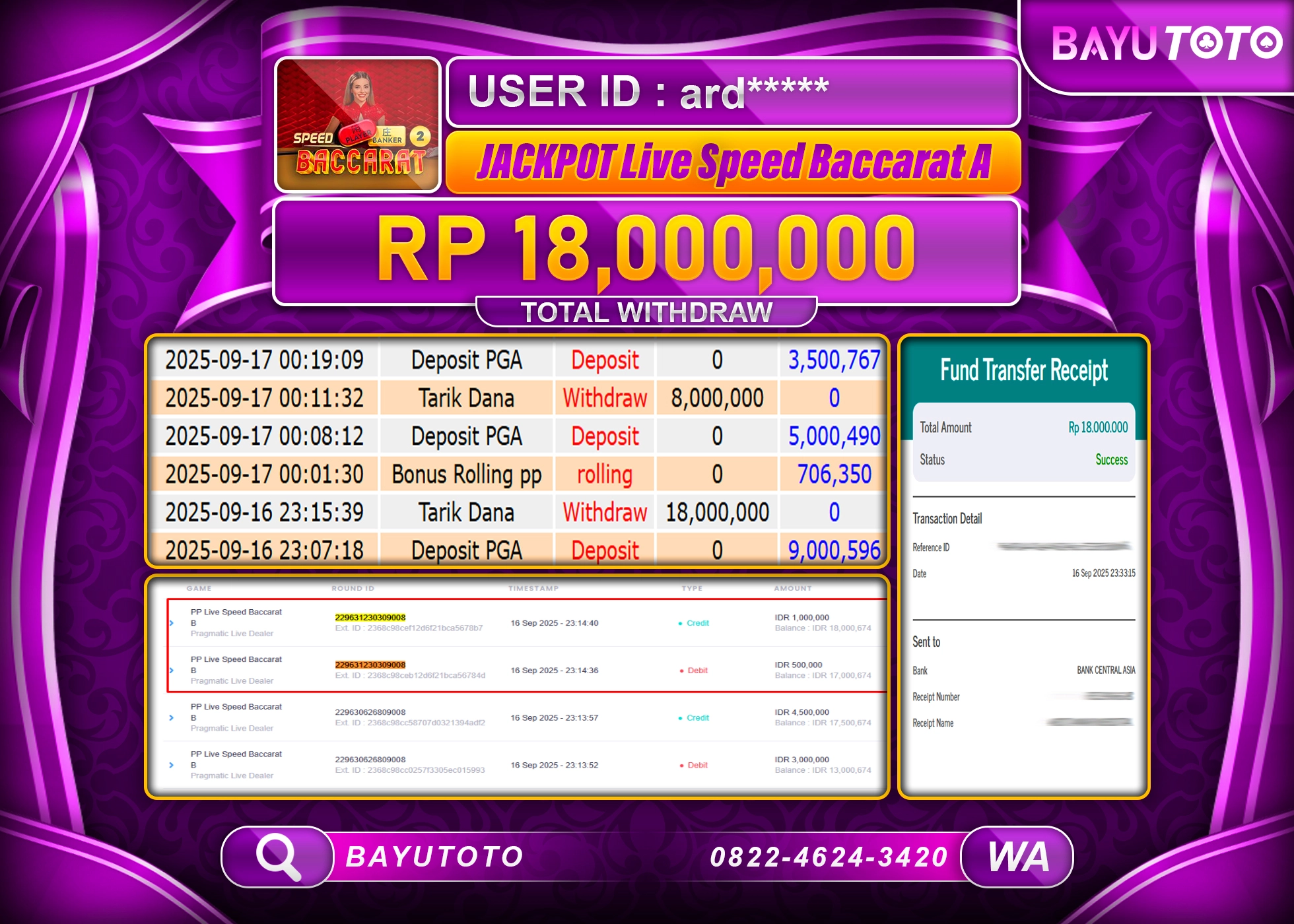BAYUTOTO JACKPOT DI GAME  LIVEGAMES PP LIVE SPEED BACCARAT A Rp.18,000,000 LUNAS
