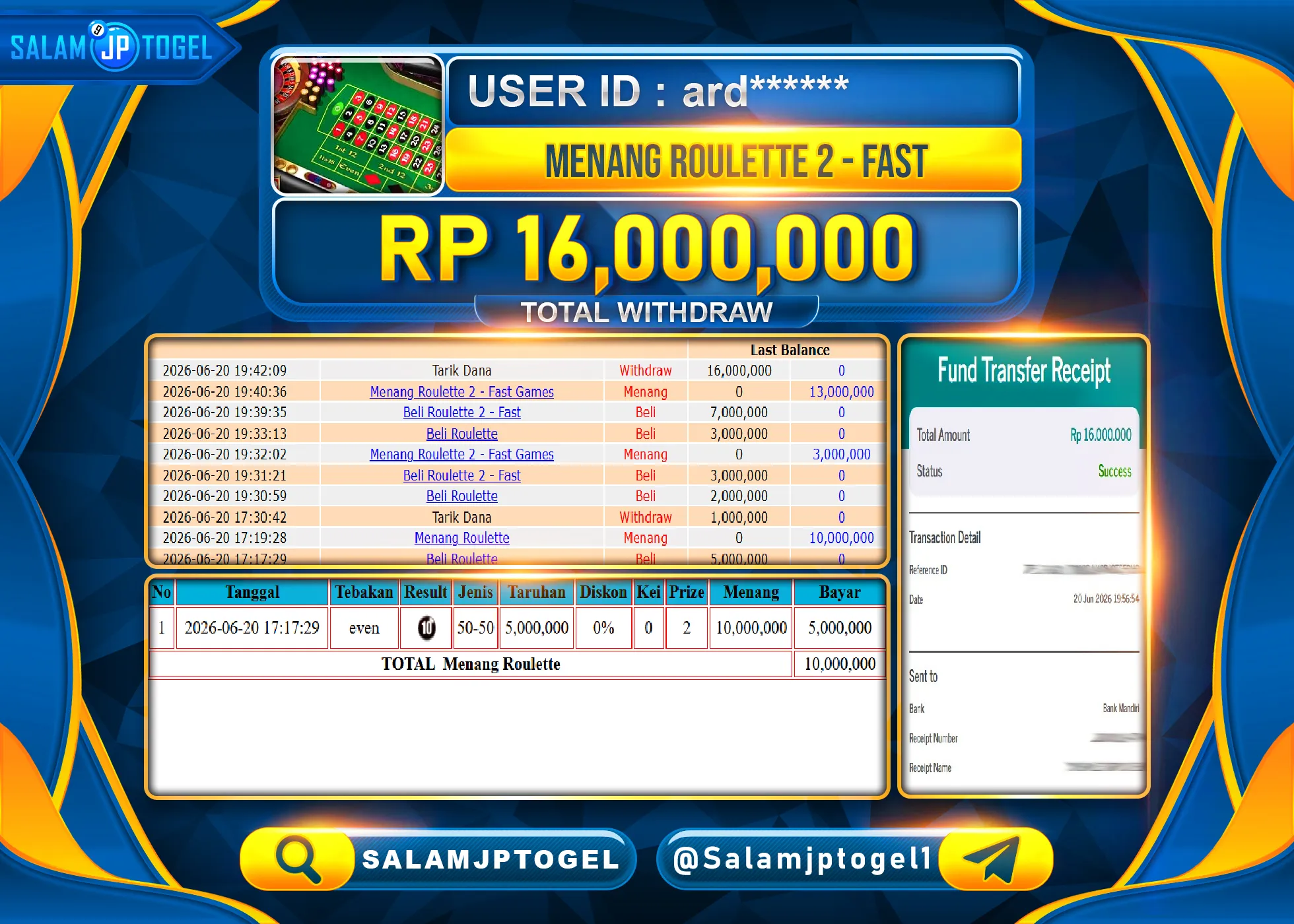SALAMJPTOGEL JACKPOT MENANG LIVE CASINO ROULETTE 2  Rp.16,000,000 - LUNAS