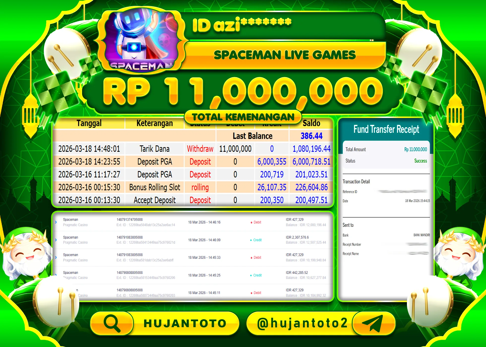 HUJANTOTO - BUKTI JACKPOT MENANG LIVEGAMES SPACEMAN Rp.11,000,000 - TERBAYAR LUNAS