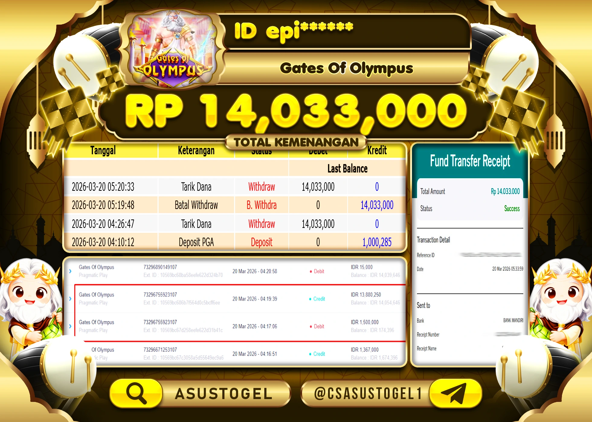 ASUSTOGEL KEMENANGAN DI SLOT GATES OF OLYMPUS PRAGMATIC PLAY  Rp.14,033,000 - RUPIAH LUNAS
