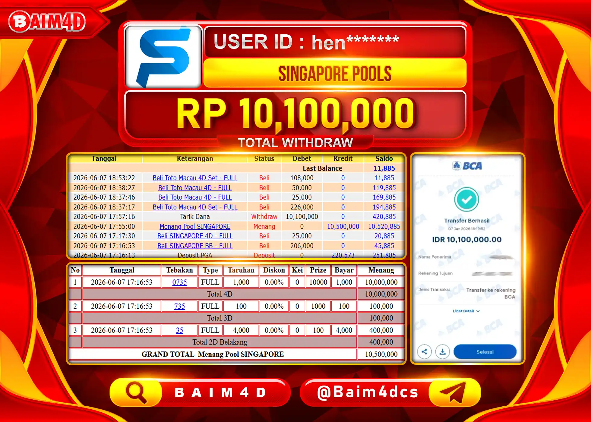 BAIM4D JACKPOT TOGEL SINGAPORE POOLS Rp.10,100,000 - LUNAS