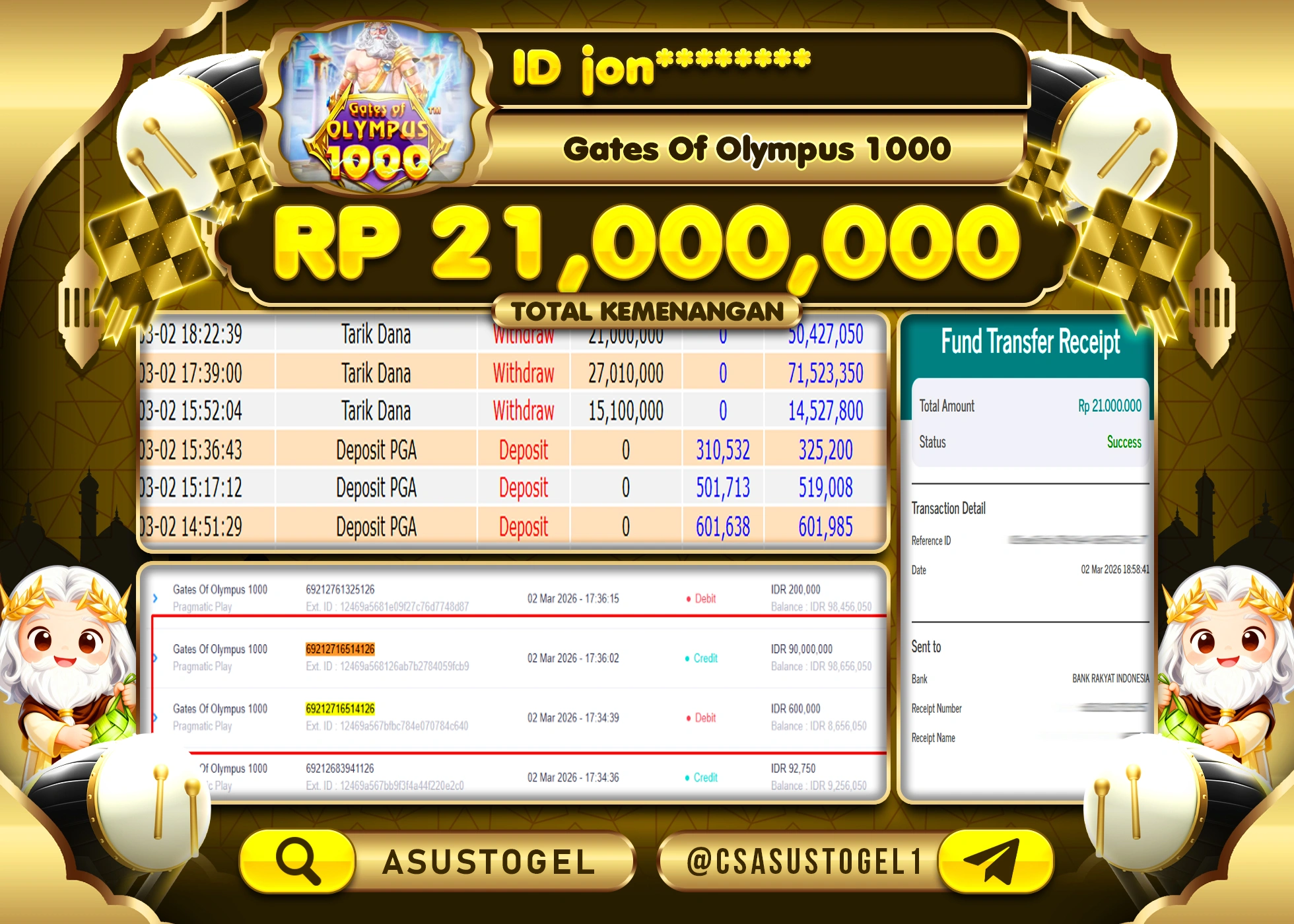 ASUSTOGEL KEMENANGAN DI SLOT GATES OF OLYMPUS 1000 SEBESAR 21,000,000 - RUPIAH LUNAS