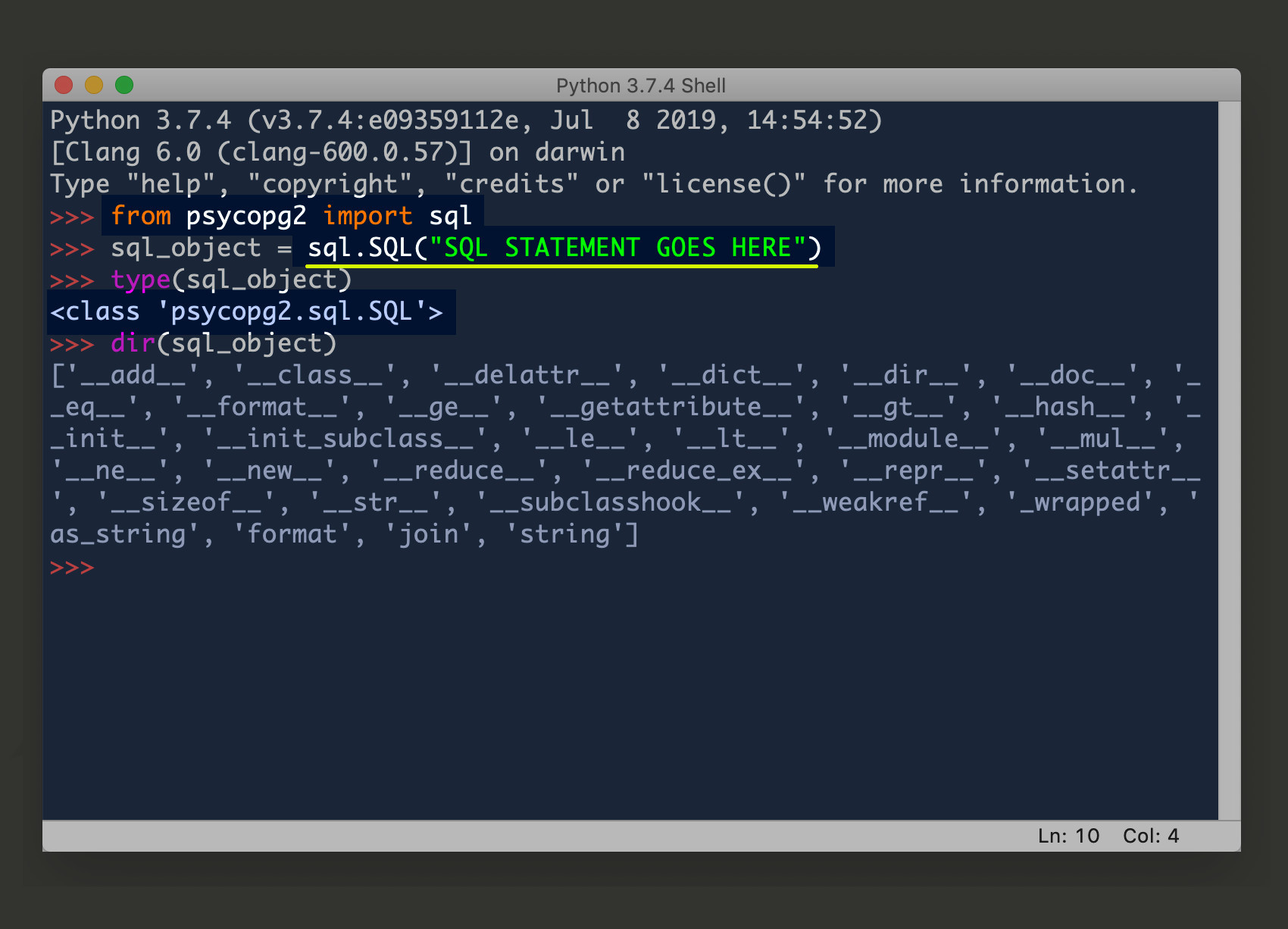 Screenshot of IDLE3 Python 3 creating a psycopg2.sql.SQL object