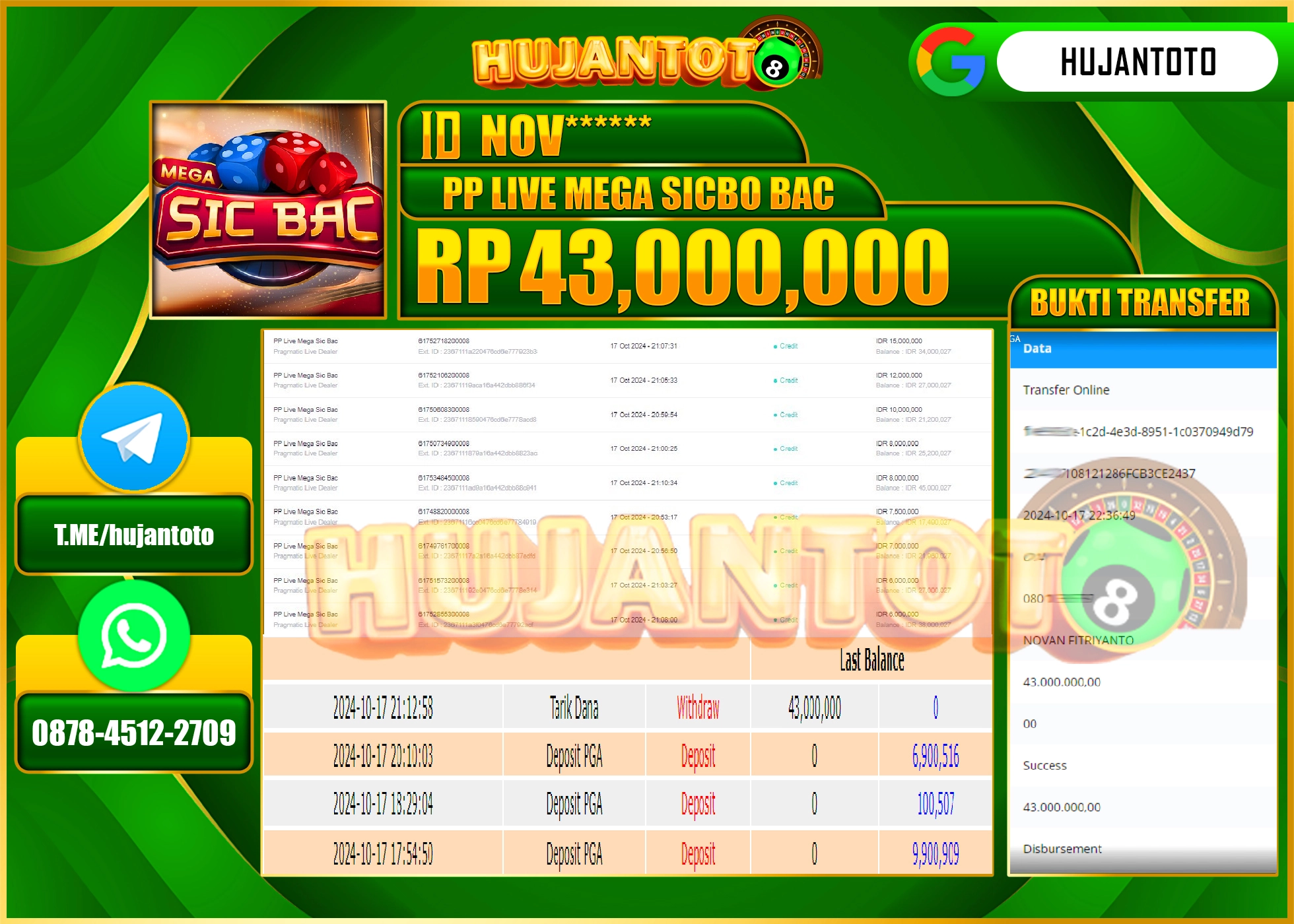 HUJANTOTO MENANG DI PERMAINAN MENANG PRAGMATIC LIVE MEGA SICBO BAC - 43,000,000- LUNAS