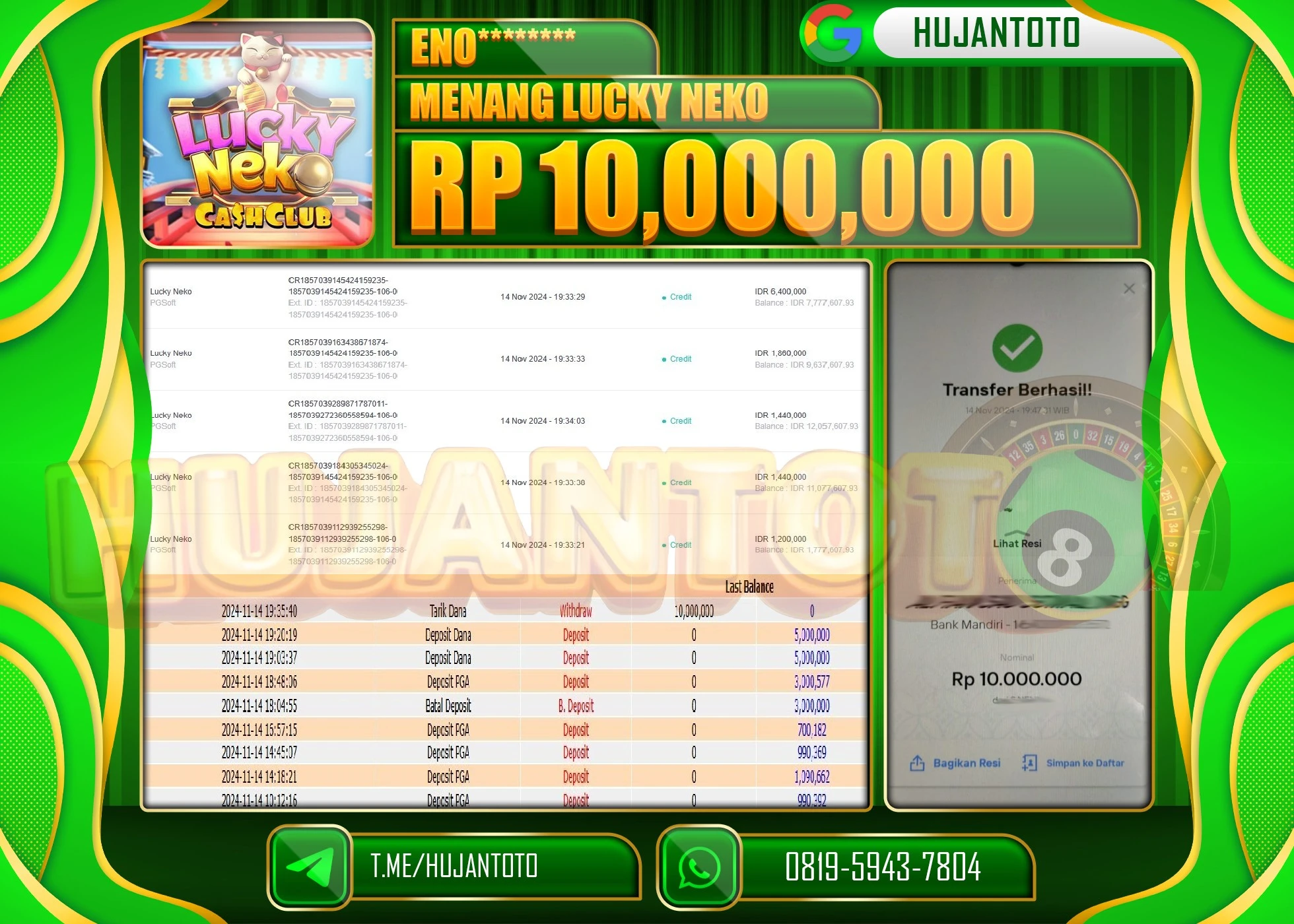 HUJANTOTO MENANG DI RAIH DI PERMAINAN SLOT LUCKY NEKO PG SOFT - 10,000,000 - LUNAS