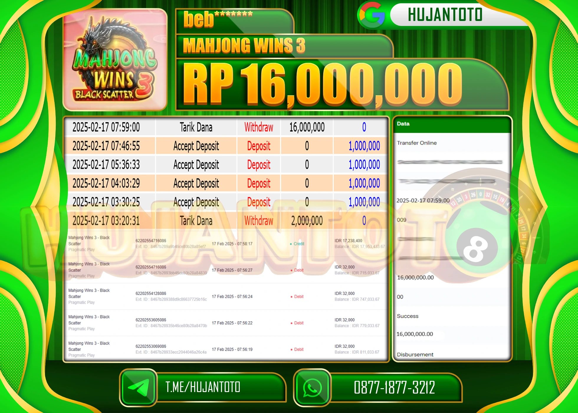 HUJANTOTO - BUKTI JACKPOT MENANG SLOT MAHJONG WINS 3 Rp,16,000,000 - TERBAYAR LUNAS