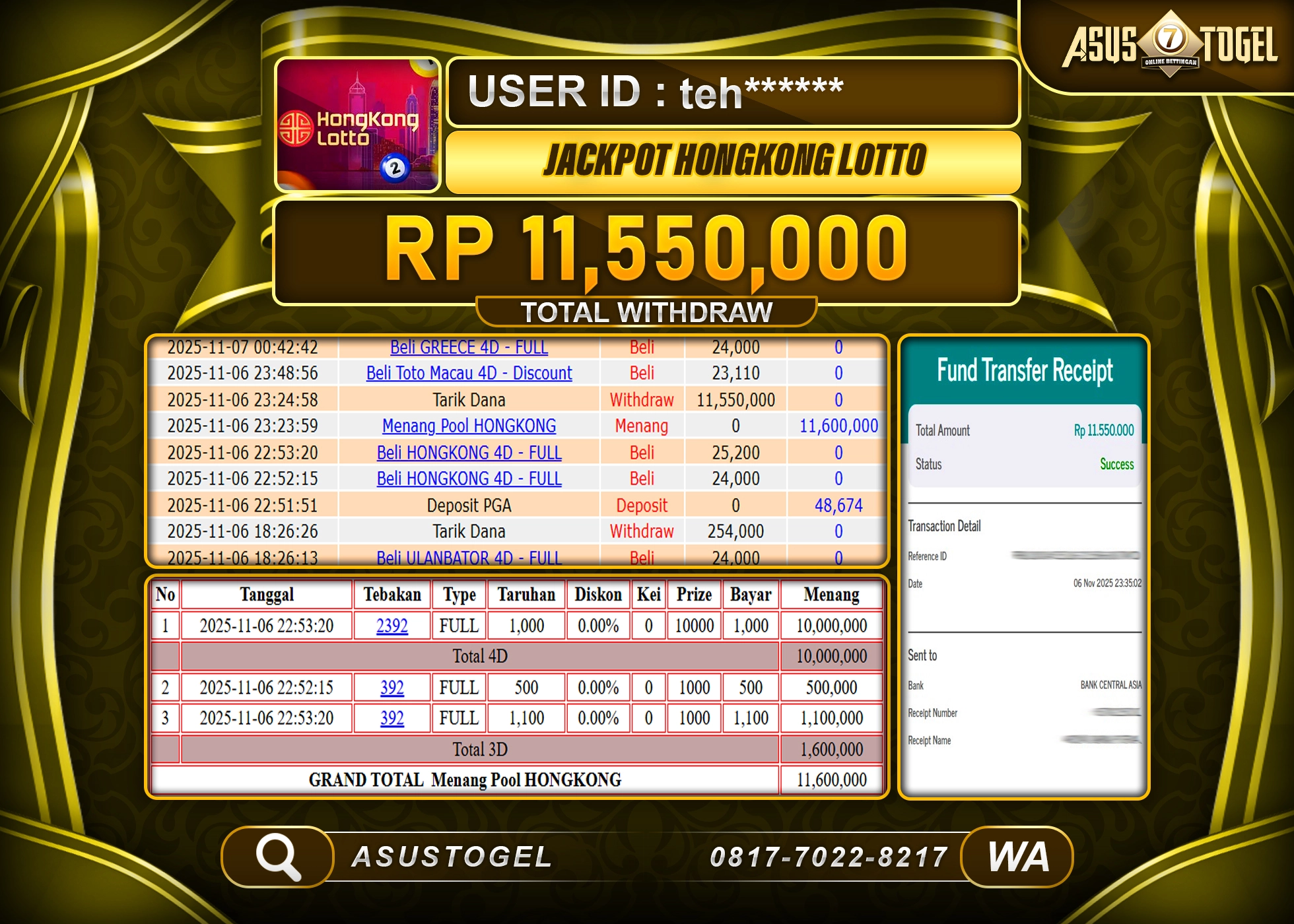 ASUSTOGEL KEMENANGAN DI TOGEL HONGKONG LOTTO SEBESAR 11,550,000 - RUPIAH LUNAS