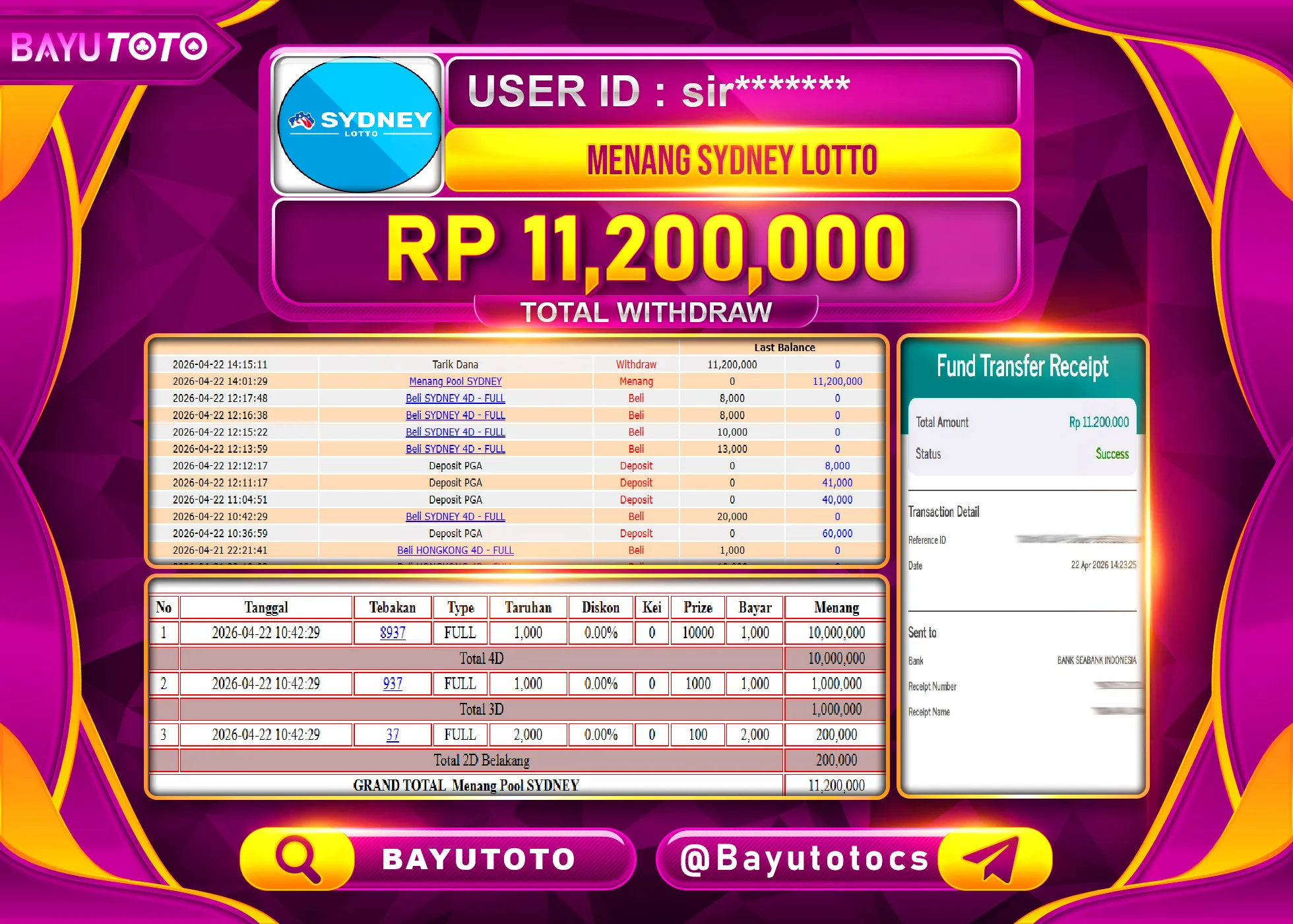 SELAMAT MEMBER SETIA BAYUTOTO JACKPOT DI TOGEL SYDNEY LOTTO Rp. 11,200,000 LUNAS