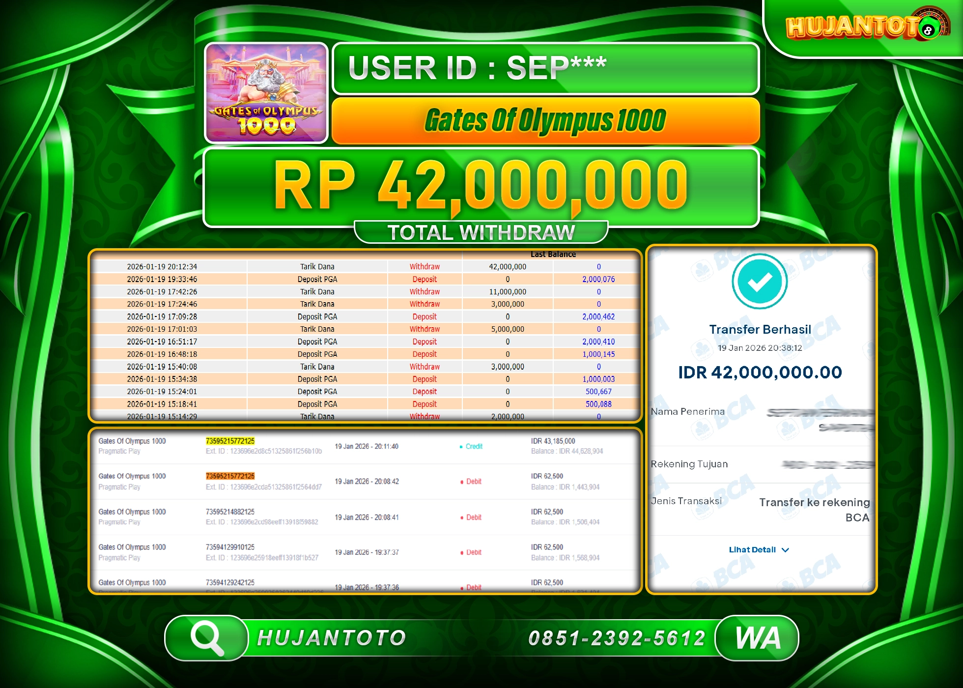 HUJANTOTO - BUKTI JACKPOT MENANG SLOT GATES OF OLYMPUS 1000 Rp.42,000,000 - TERBAYAR LUNAS
