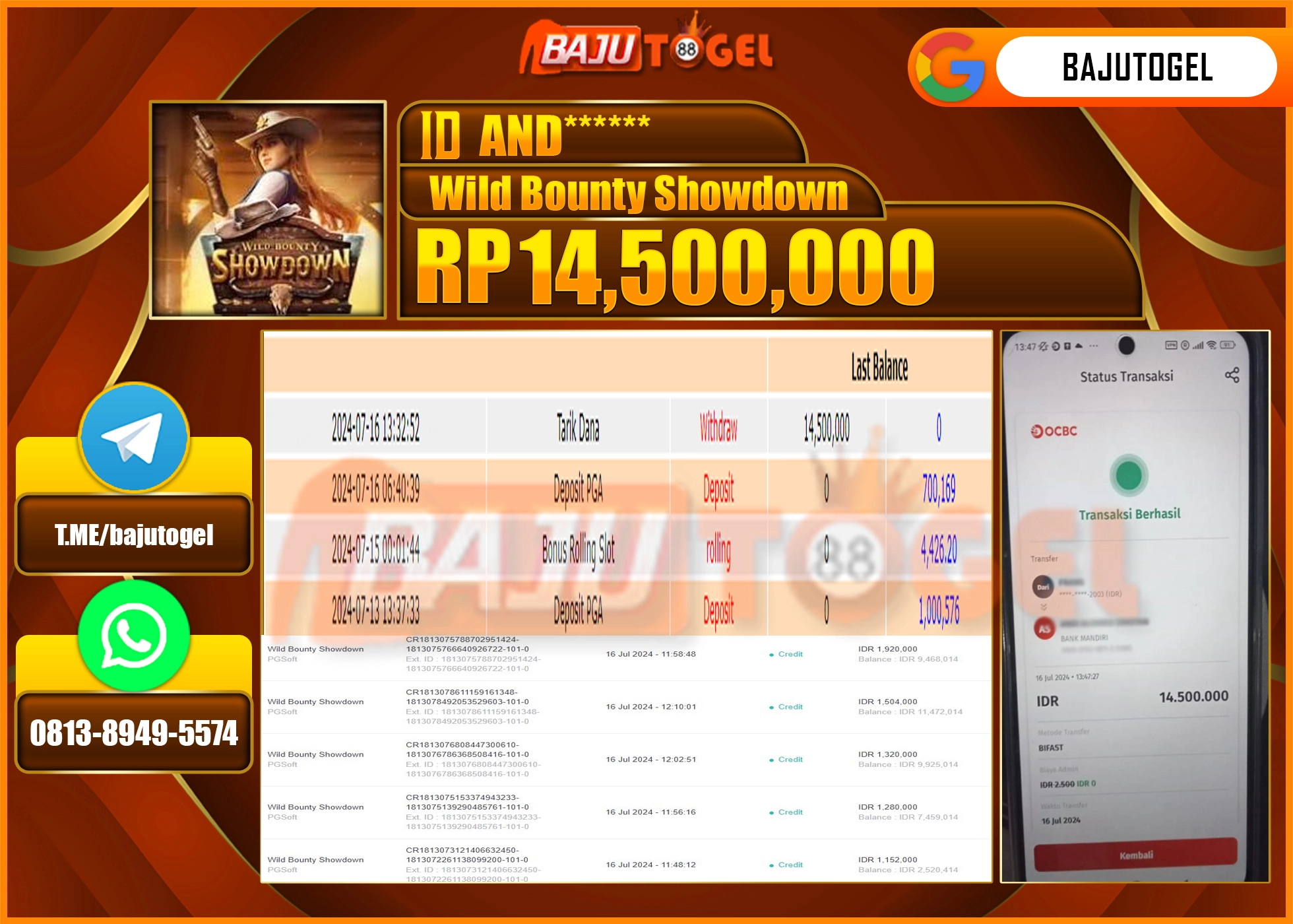 BAJUTOGEL JACKPOT WILD BOUNTY SHOWDOWN Rp.14.500.000 LUNAS